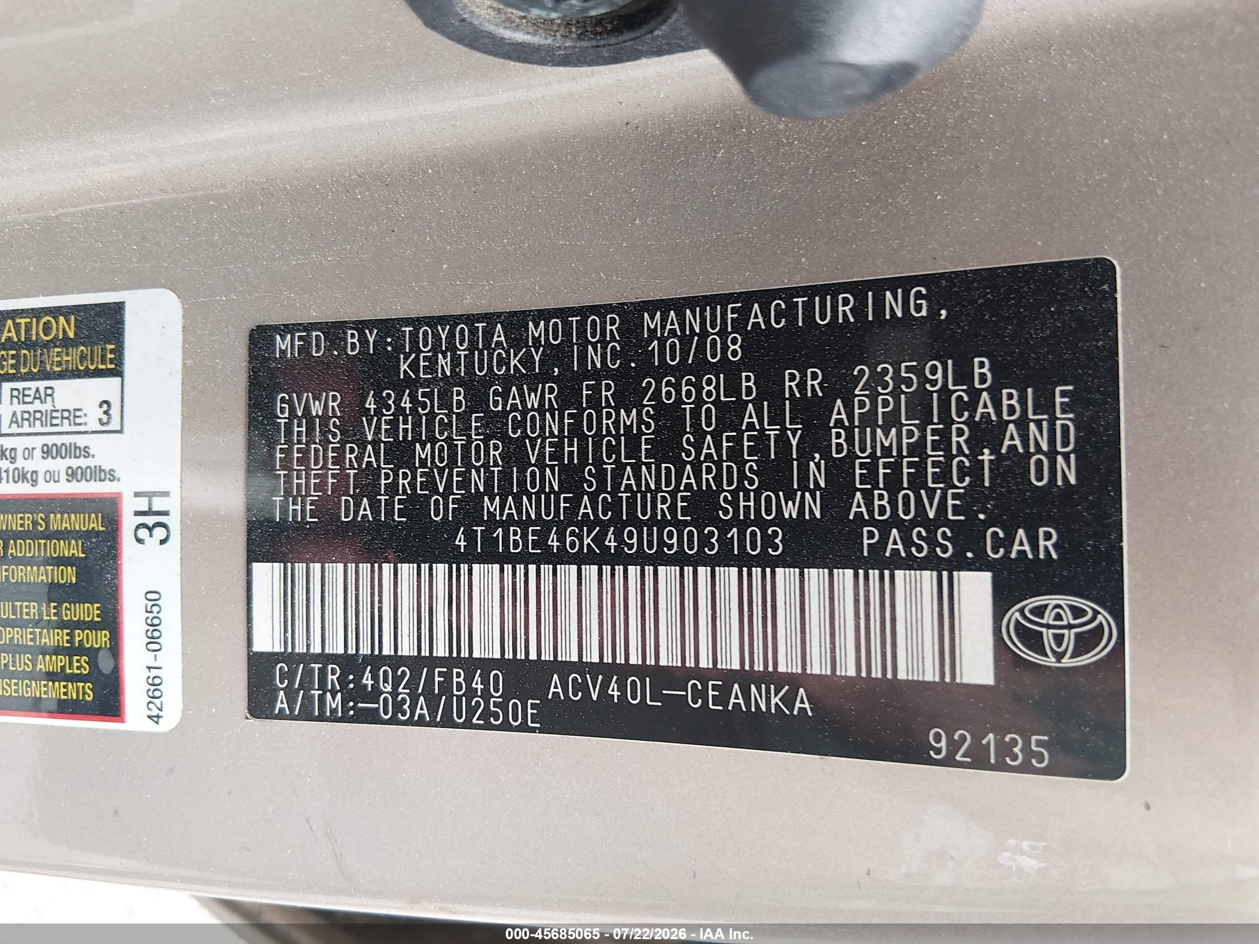 2009 Toyota Camry Le Бежевый vin: 4T1BE46K49U903103