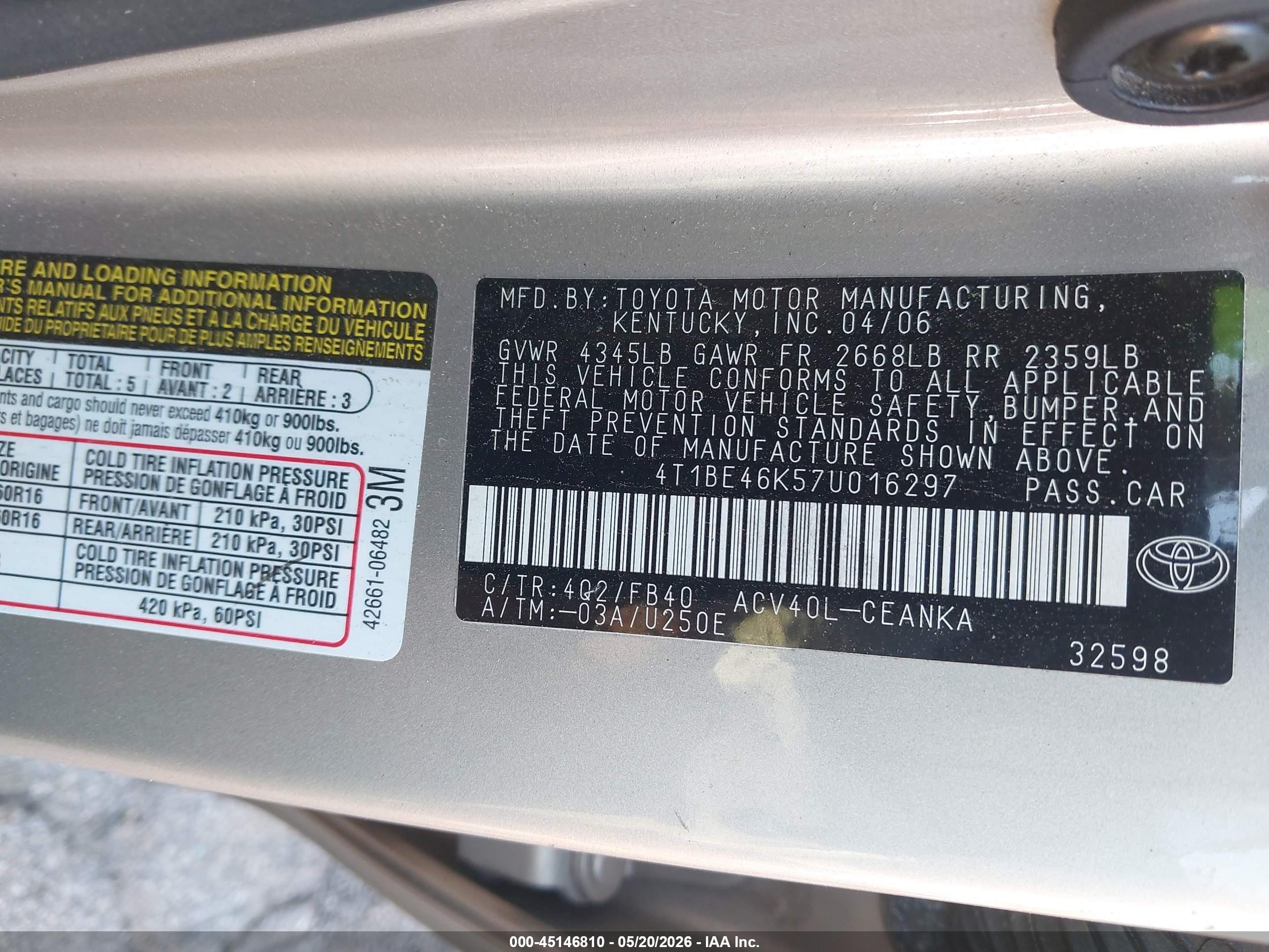 2007 Toyota Camry Le Beige vin: 4T1BE46K57U016297
