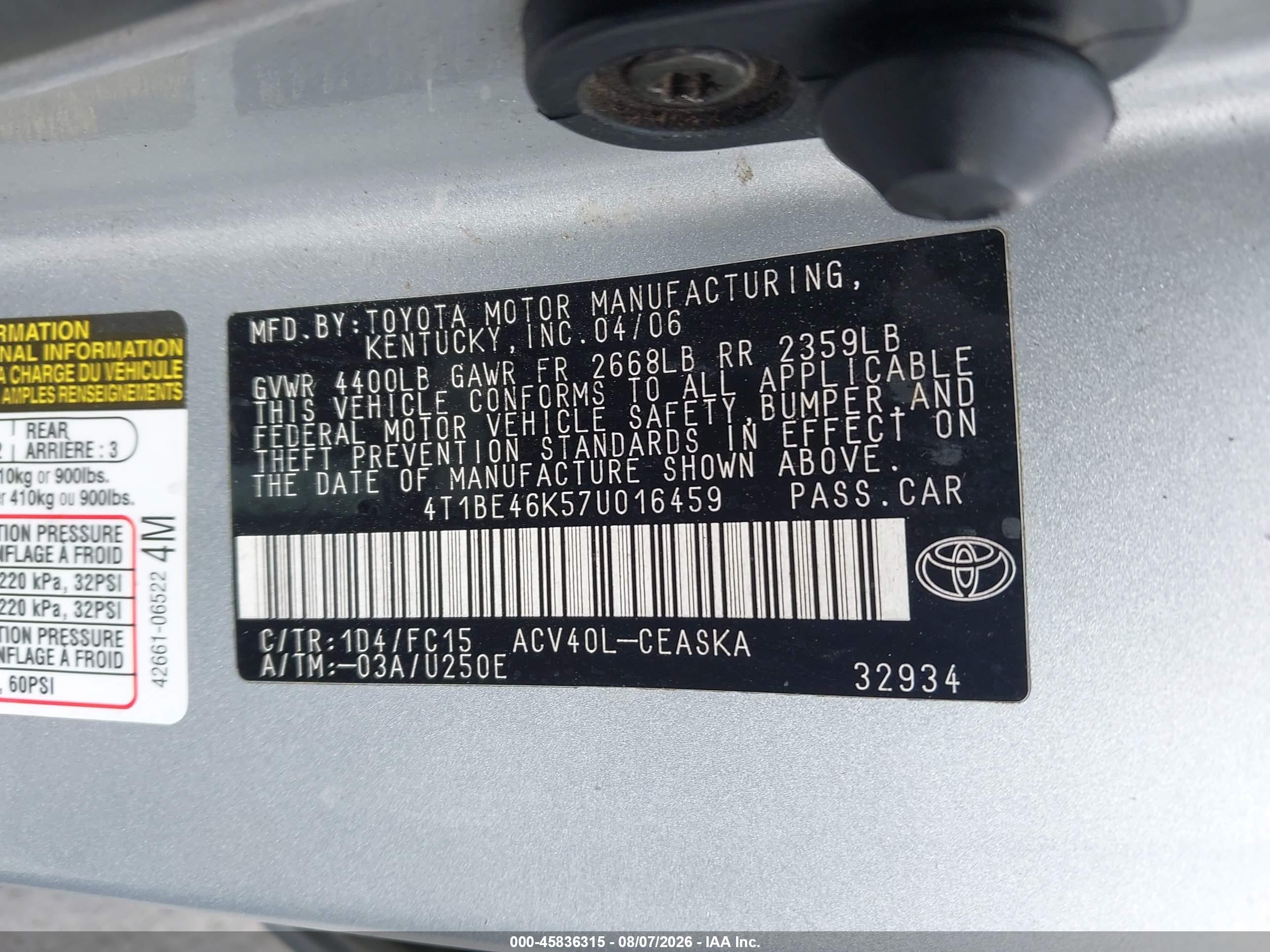 2007 Toyota Camry Se Silver vin: 4T1BE46K57U016459