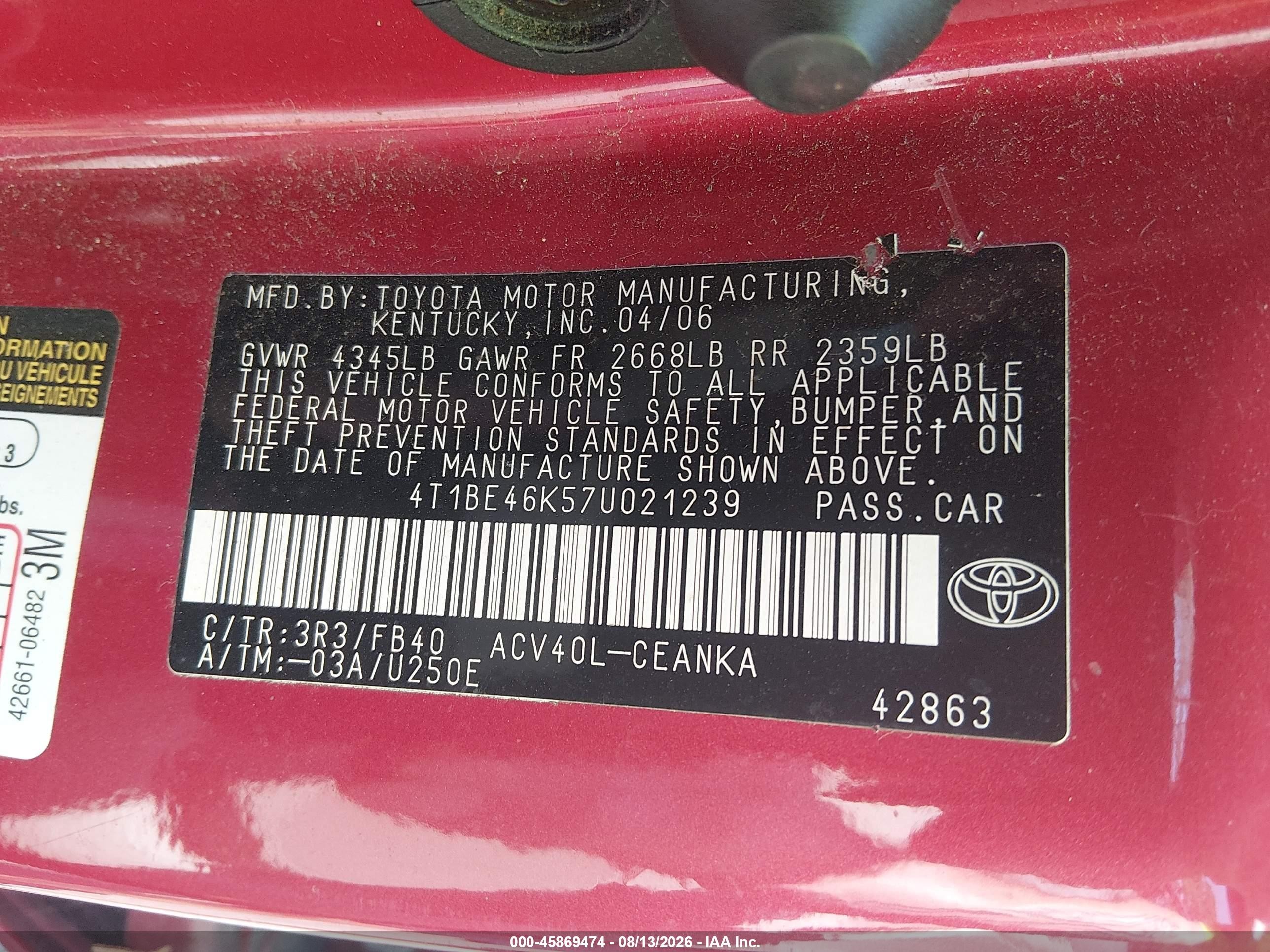 2007 Toyota Camry Le Red vin: 4T1BE46K57U021239
