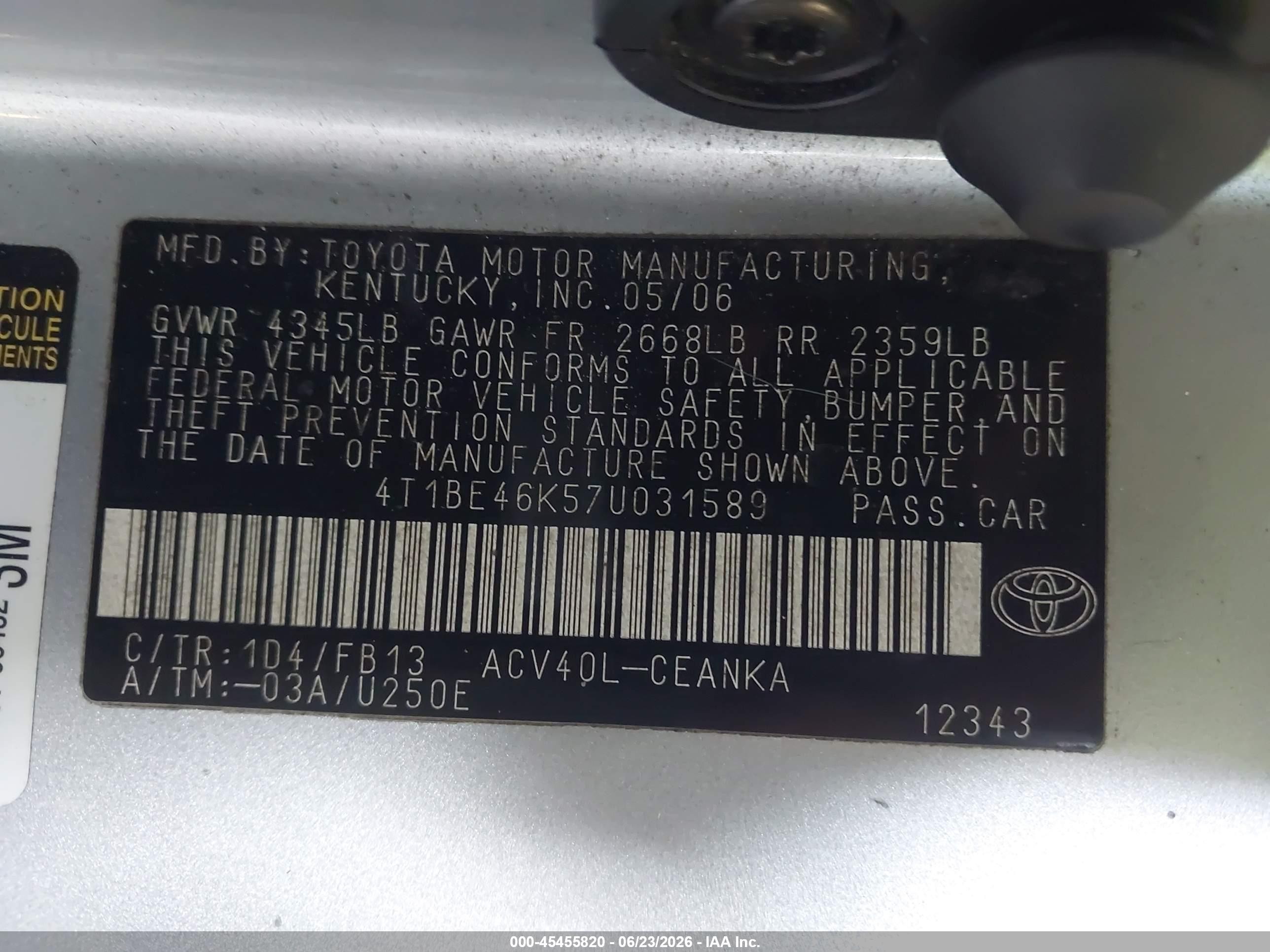 2007 Toyota Camry Le Silver vin: 4T1BE46K57U031589