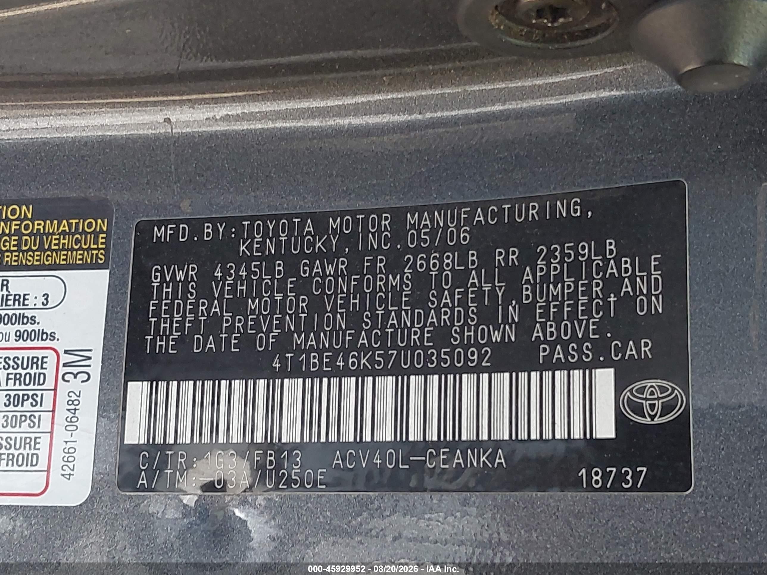 2007 Toyota Camry Le Серый vin: 4T1BE46K57U035092
