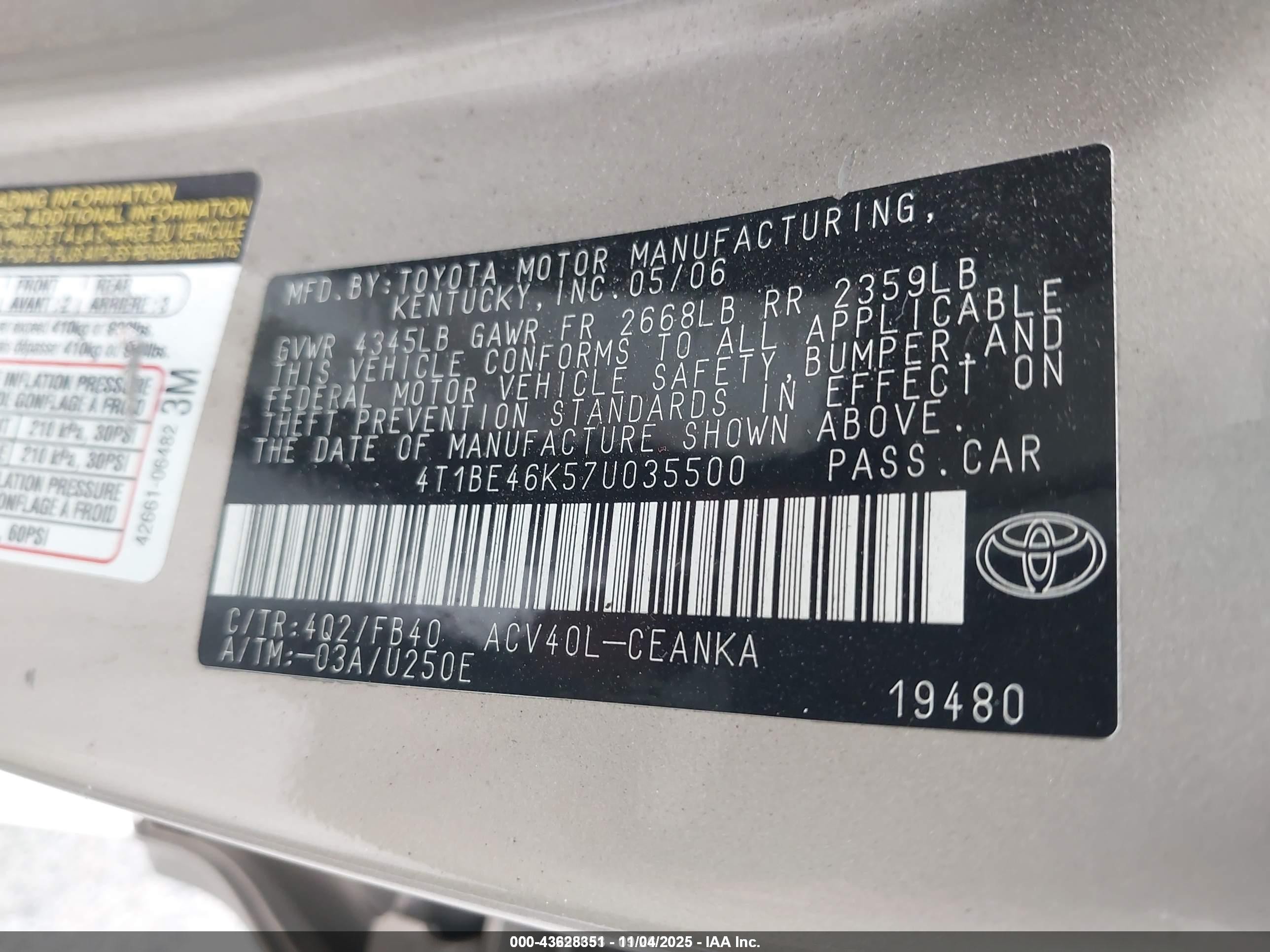 2007 Toyota Camry Le Beige vin: 4T1BE46K57U035500