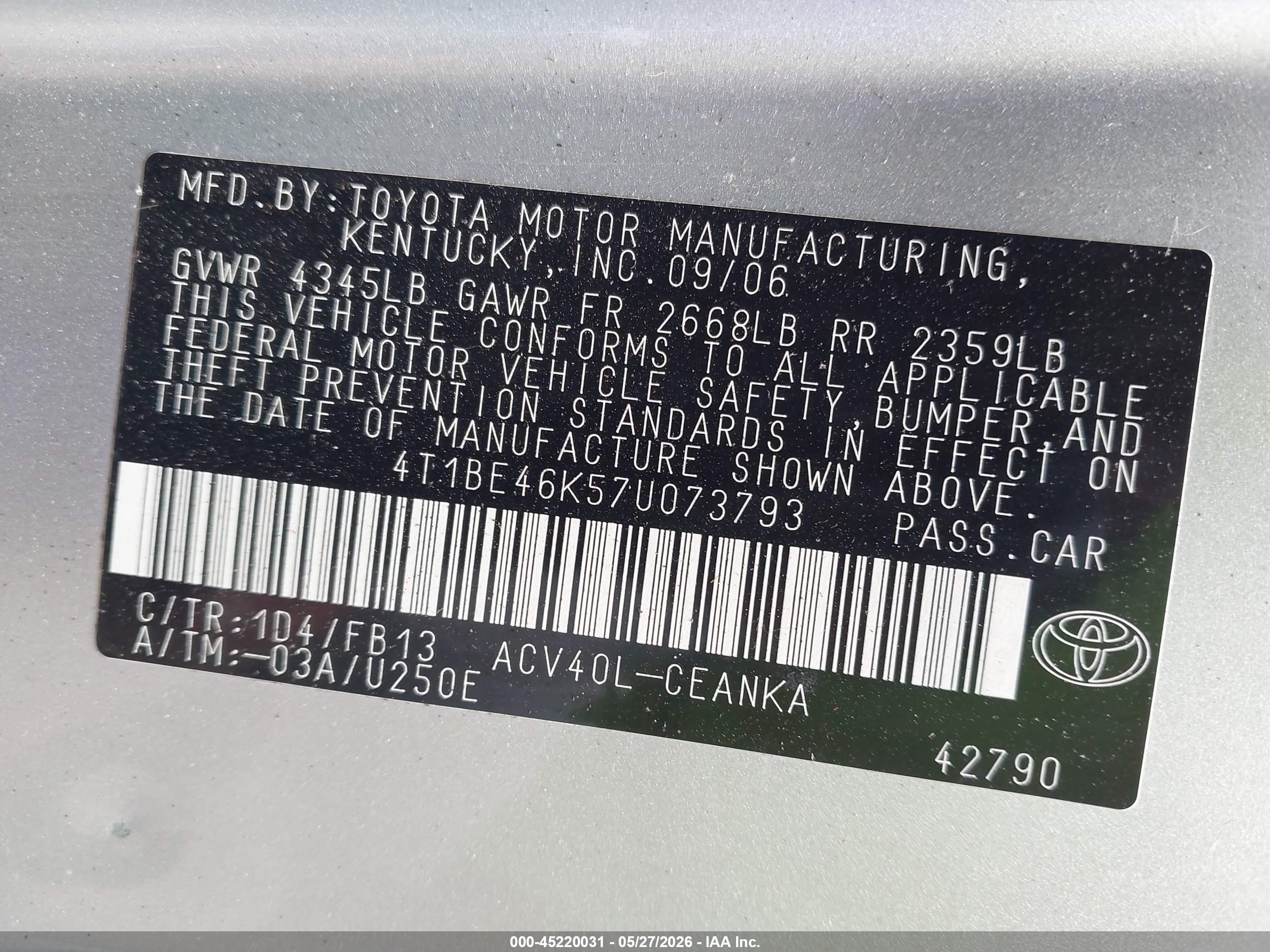 2007 Toyota Camry Le Silver vin: 4T1BE46K57U073793