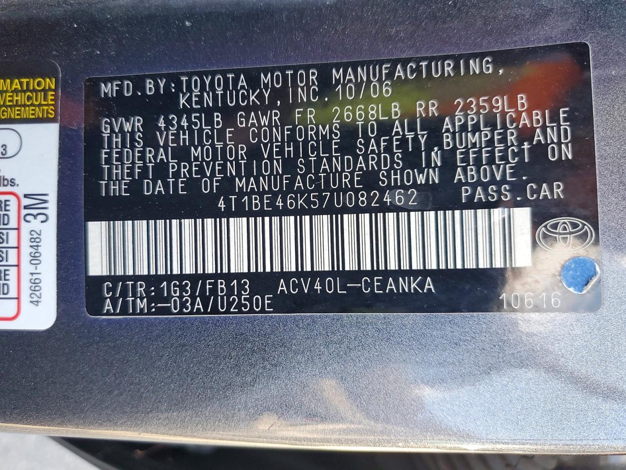 2007 Toyota Camry Le Charcoal vin: 4T1BE46K57U082462