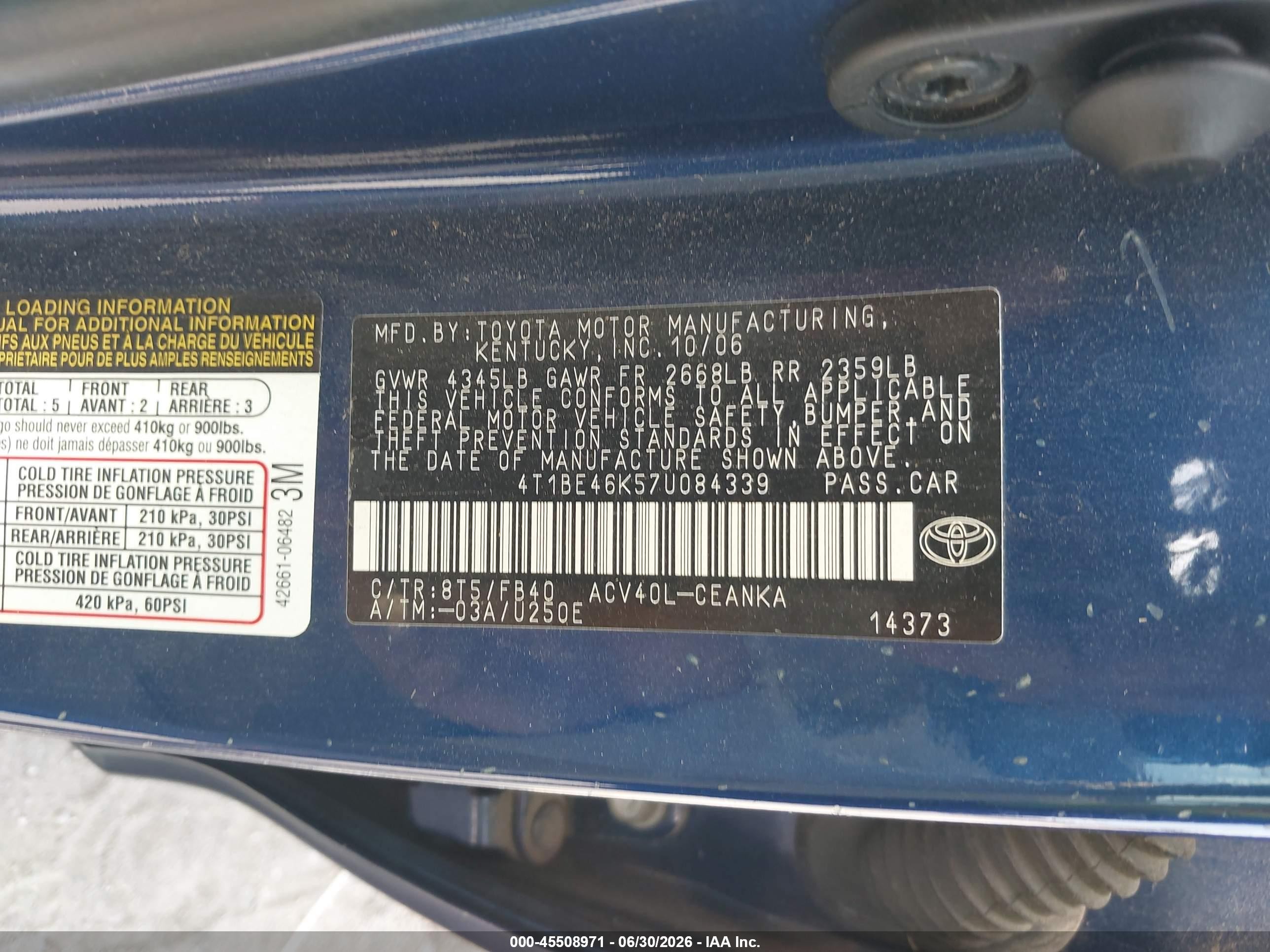 2007 Toyota Camry Le Blue vin: 4T1BE46K57U084339