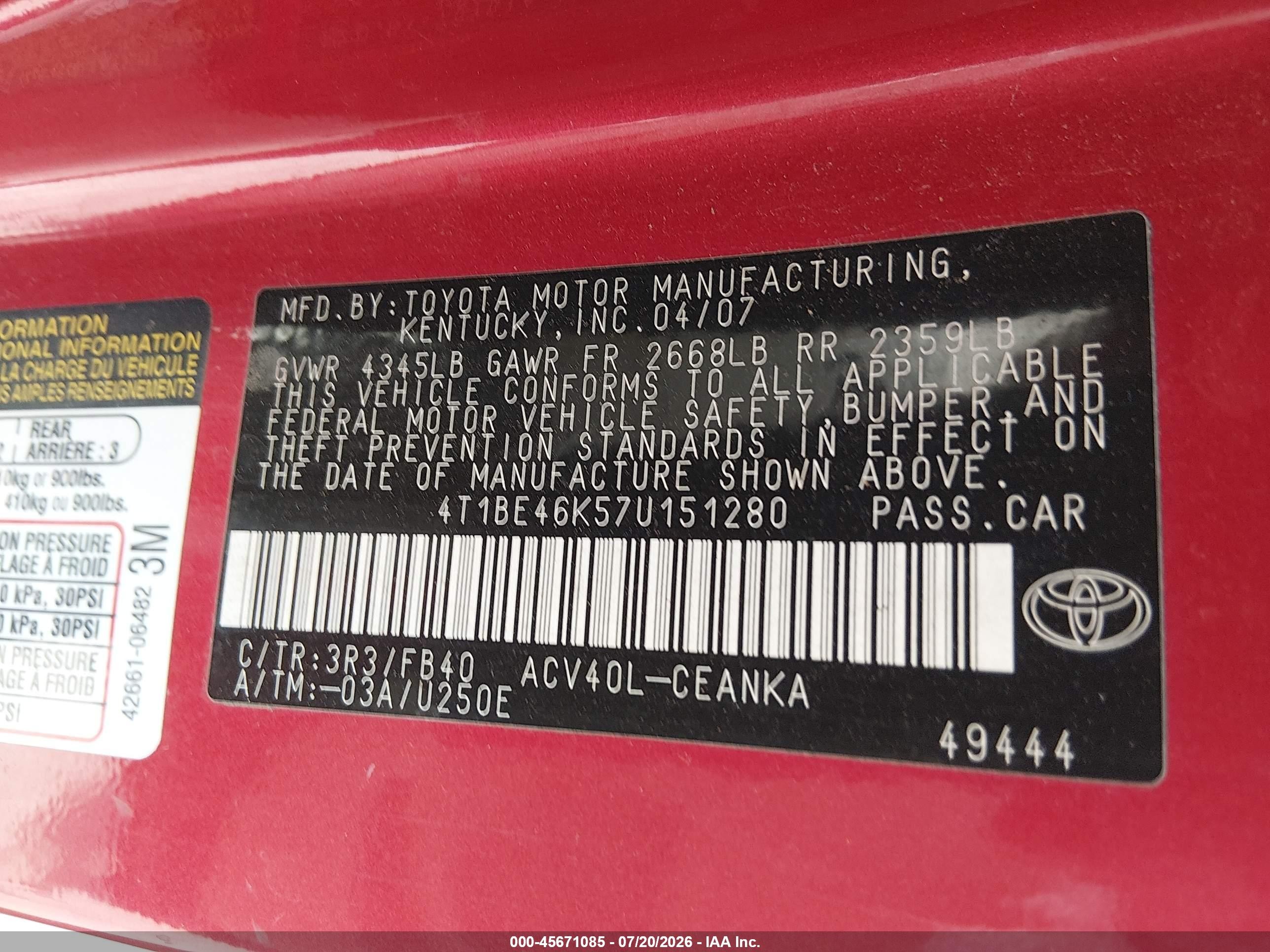 2007 Toyota Camry Le Красный vin: 4T1BE46K57U151280