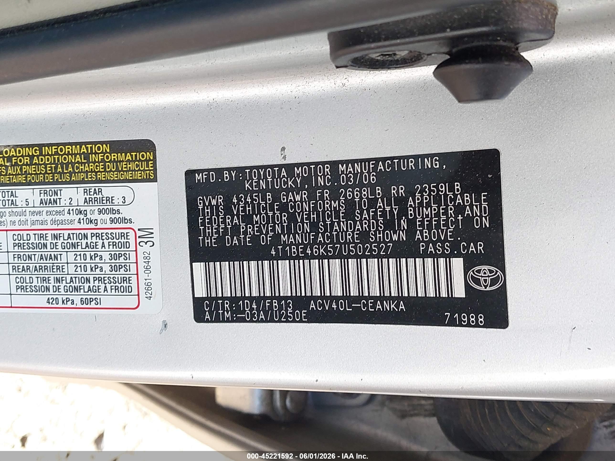 2007 Toyota Camry Le Серебряный vin: 4T1BE46K57U502527