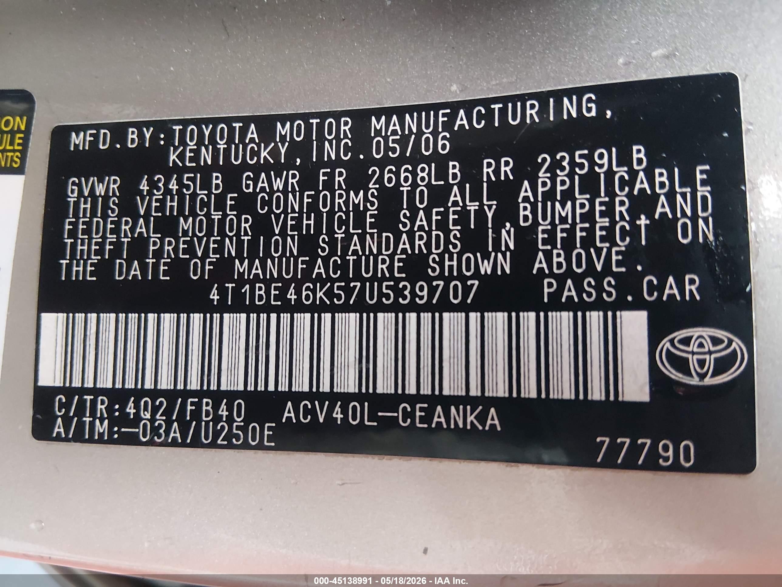 2007 Toyota Camry Le Золотой vin: 4T1BE46K57U539707