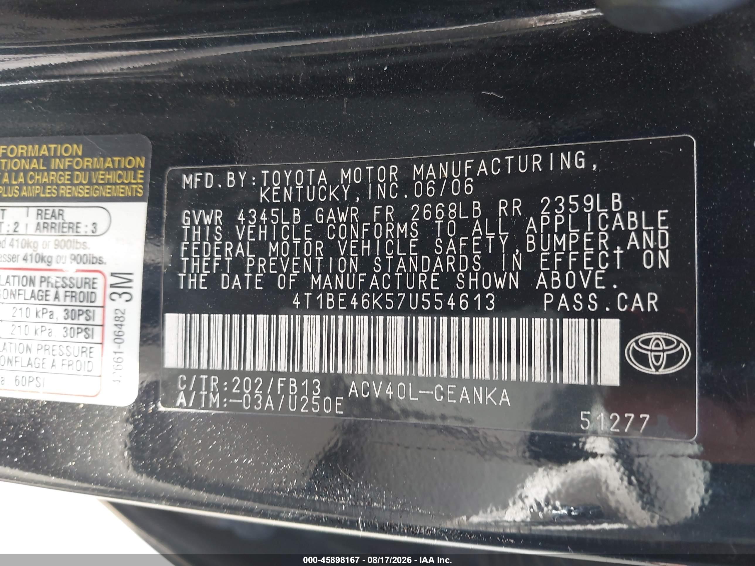 2007 Toyota Camry Le Black vin: 4T1BE46K57U554613