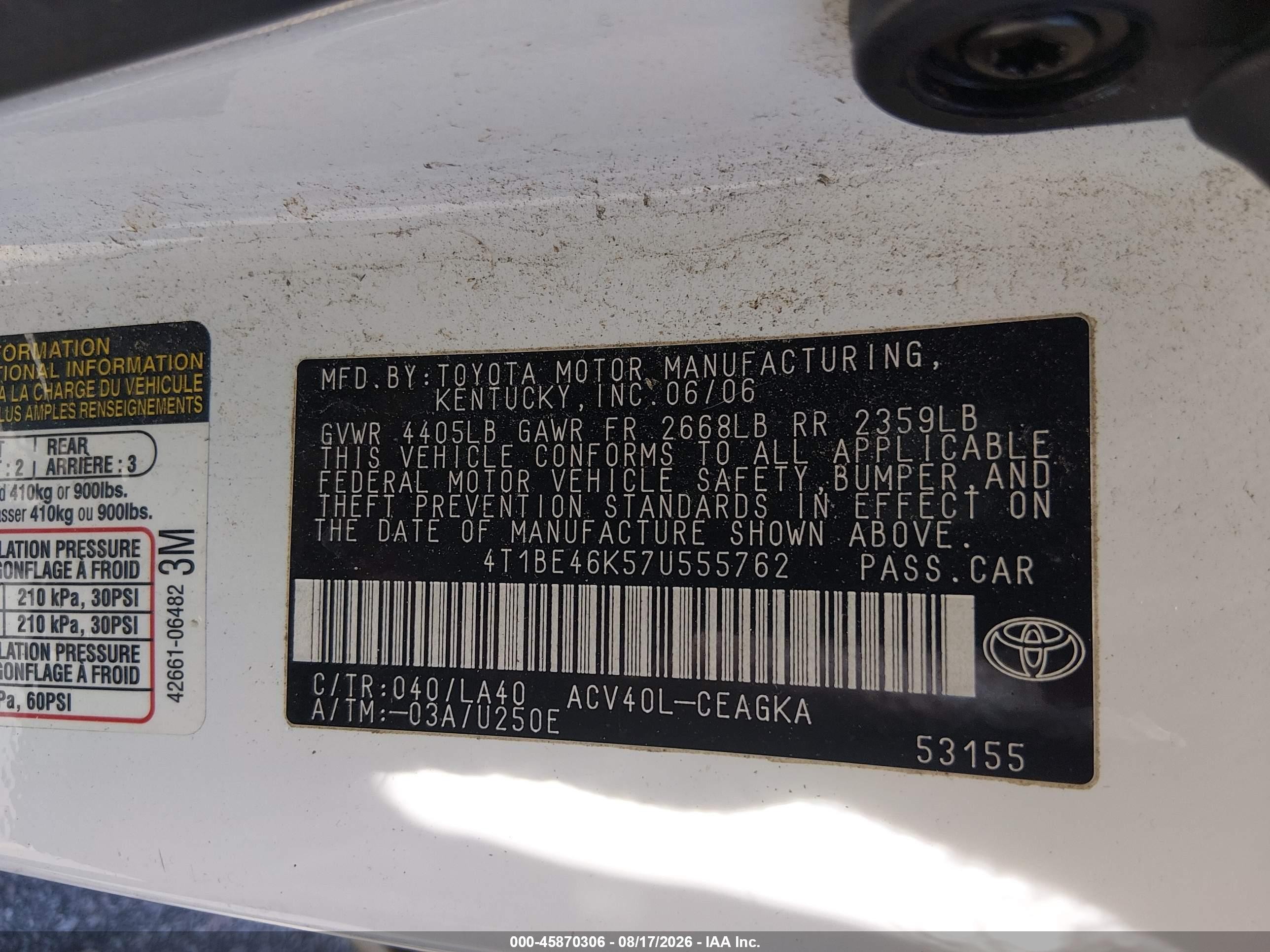 2007 Toyota Camry Xle White vin: 4T1BE46K57U555762