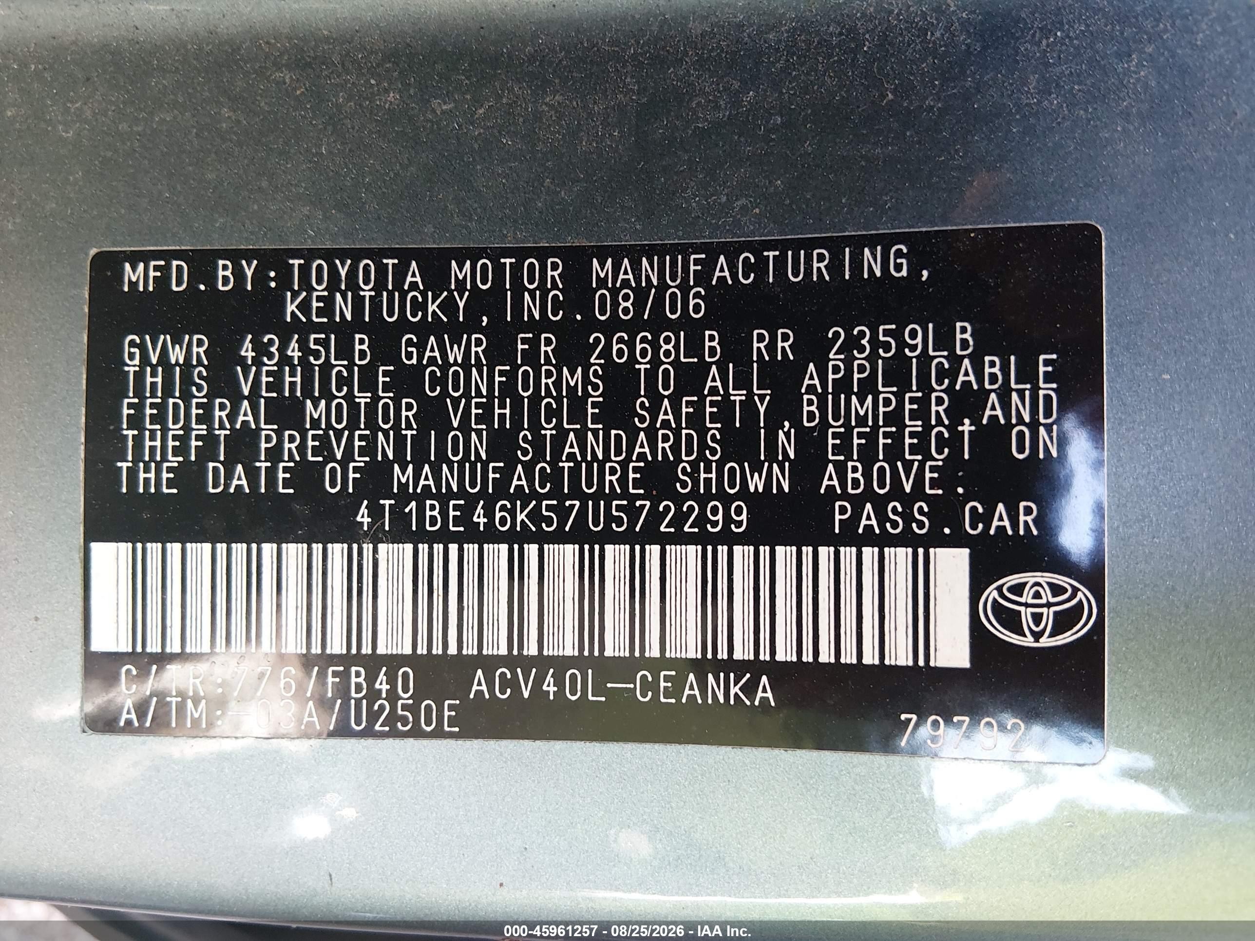 2007 Toyota Camry Le Green vin: 4T1BE46K57U572299