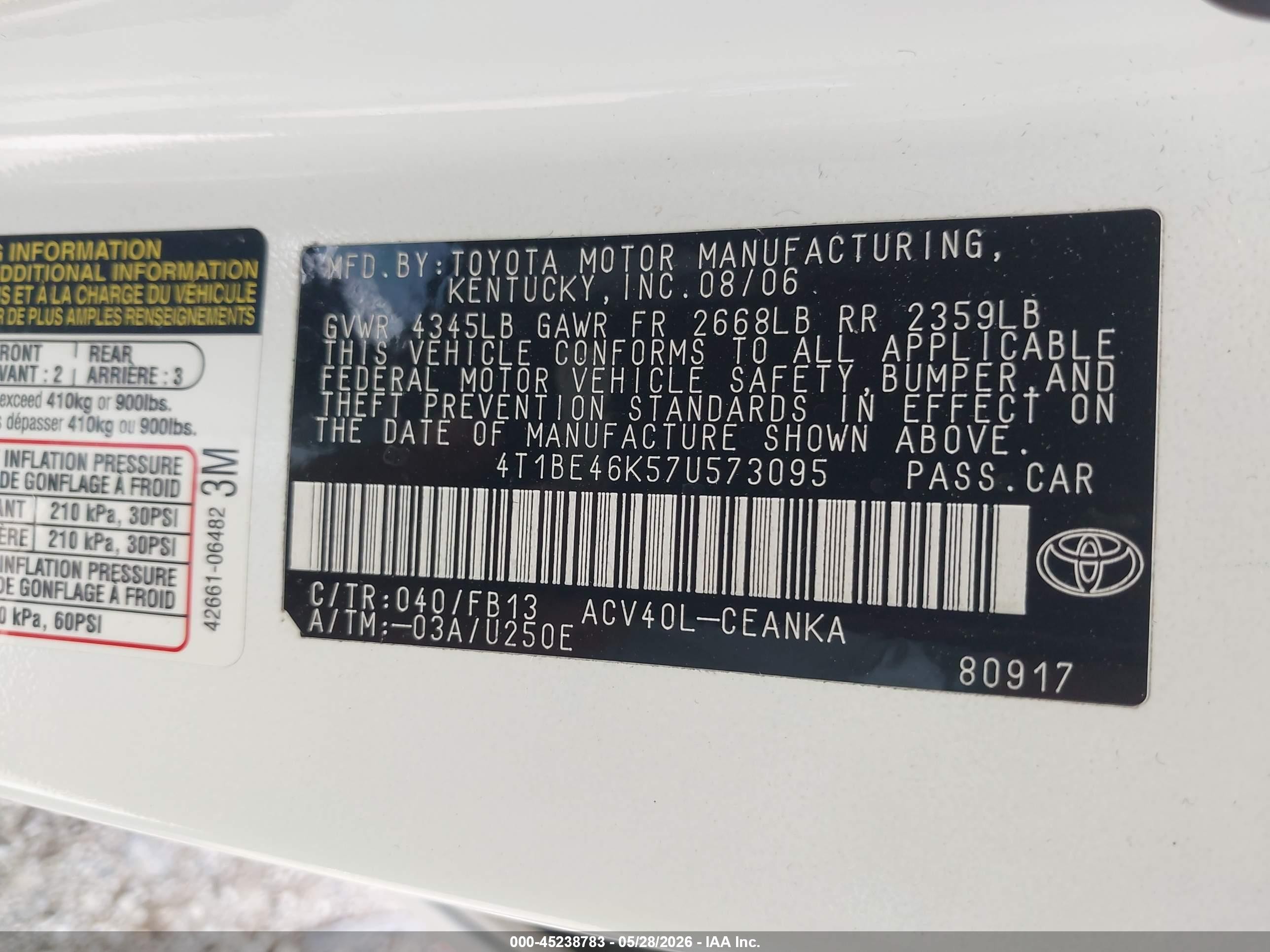 2007 Toyota Camry Le White vin: 4T1BE46K57U573095