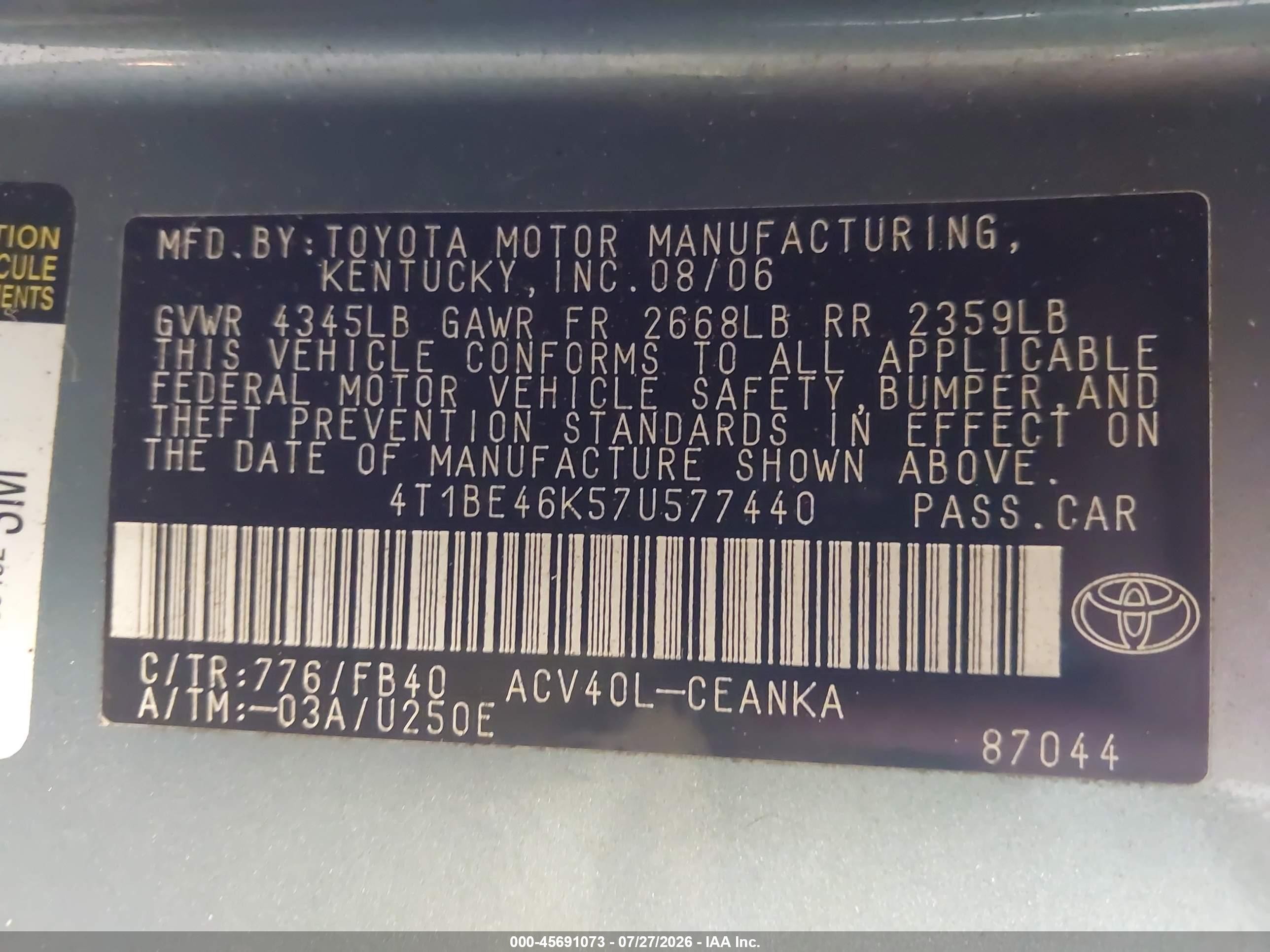 2007 Toyota Camry Le Green vin: 4T1BE46K57U577440