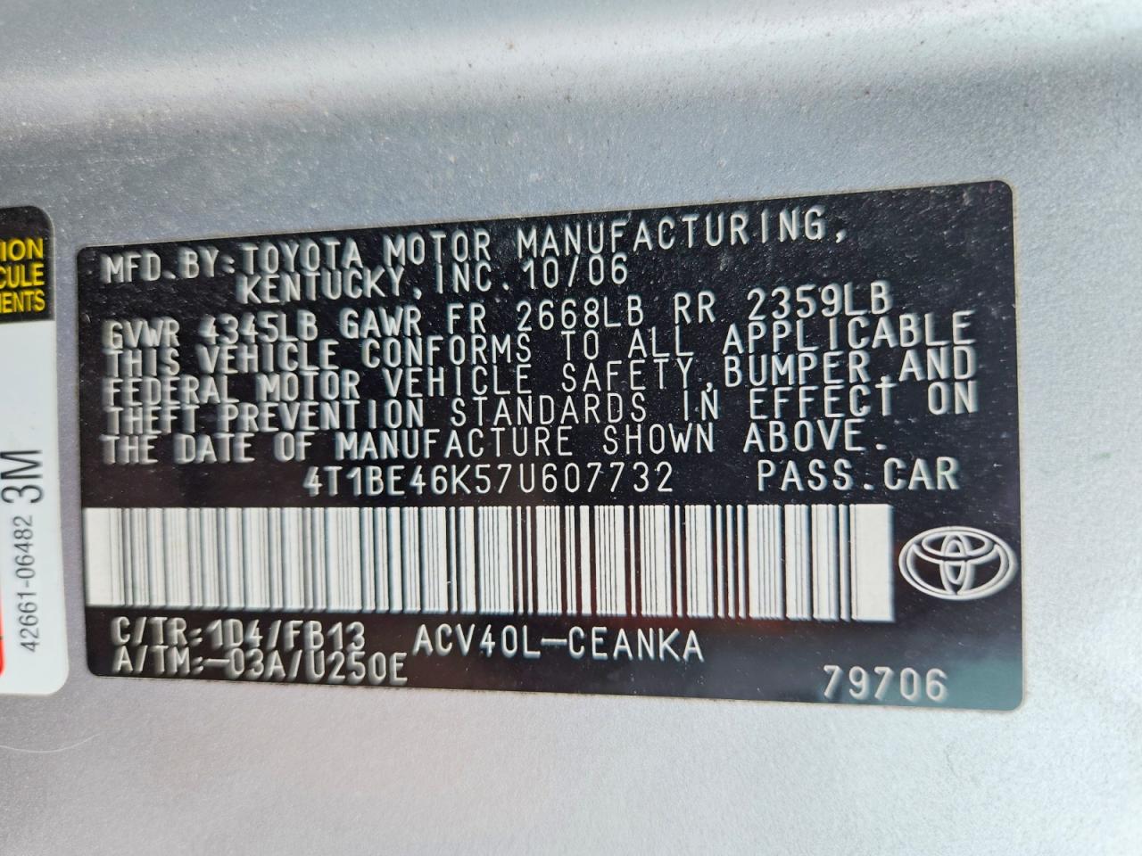 2007 Toyota Camry Ce Silver vin: 4T1BE46K57U607732
