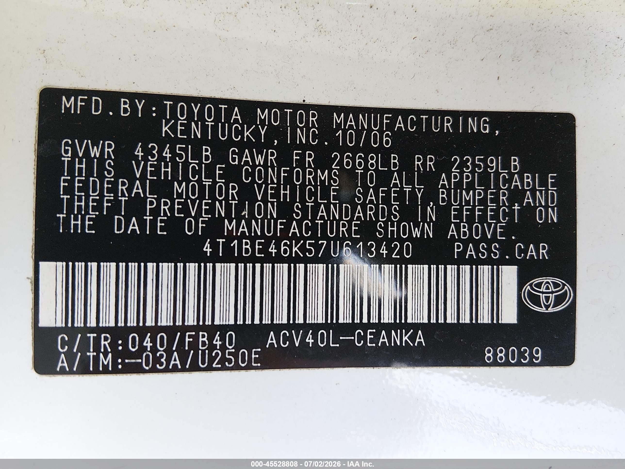 2007 Toyota Camry Le Белый vin: 4T1BE46K57U613420