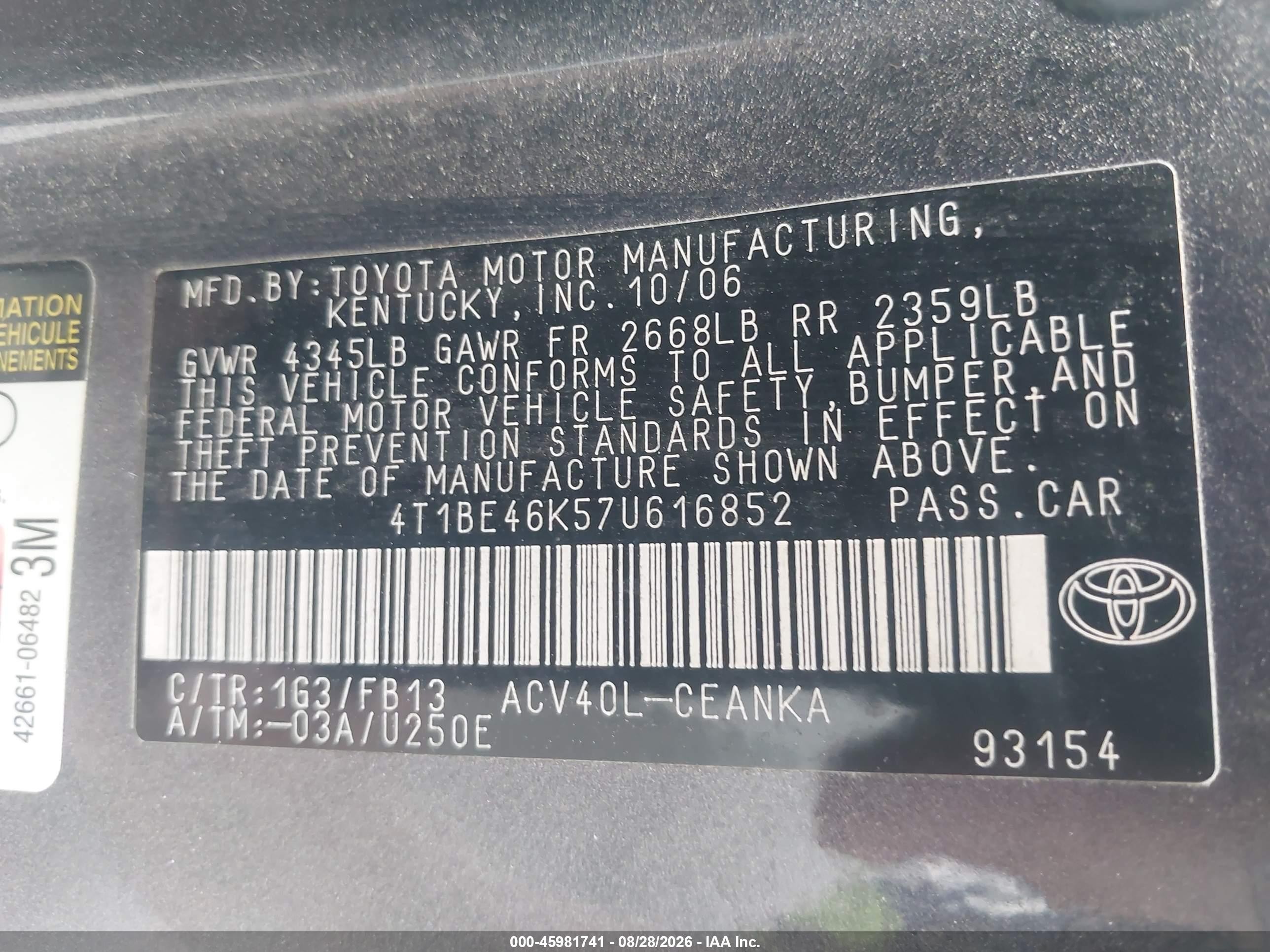 2007 Toyota Camry Le Gray vin: 4T1BE46K57U616852