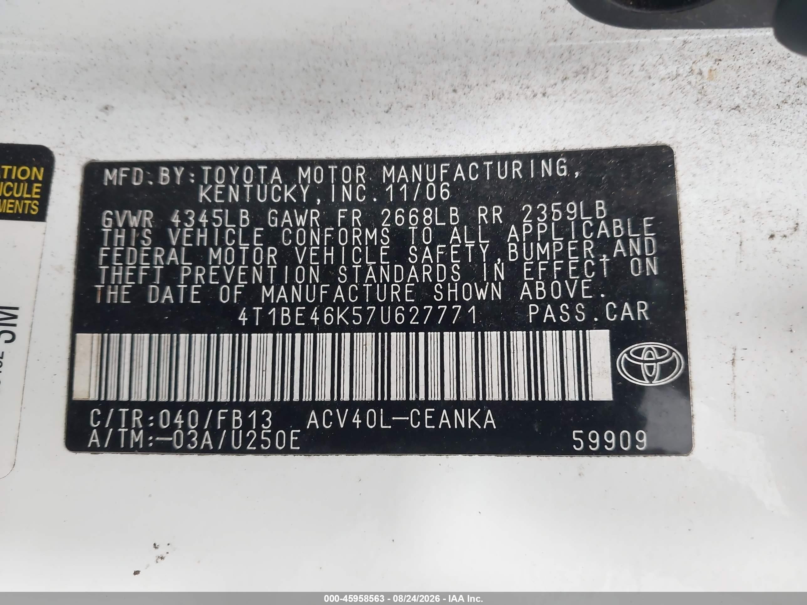2007 Toyota Camry Le White vin: 4T1BE46K57U627771