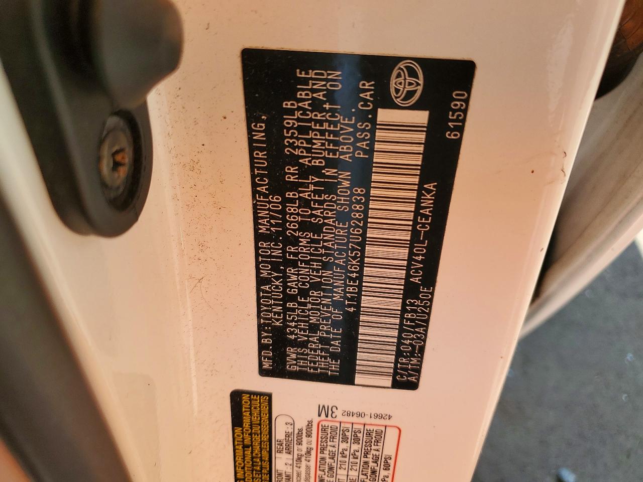2007 Toyota Camry Le White vin: 4T1BE46K57U628838