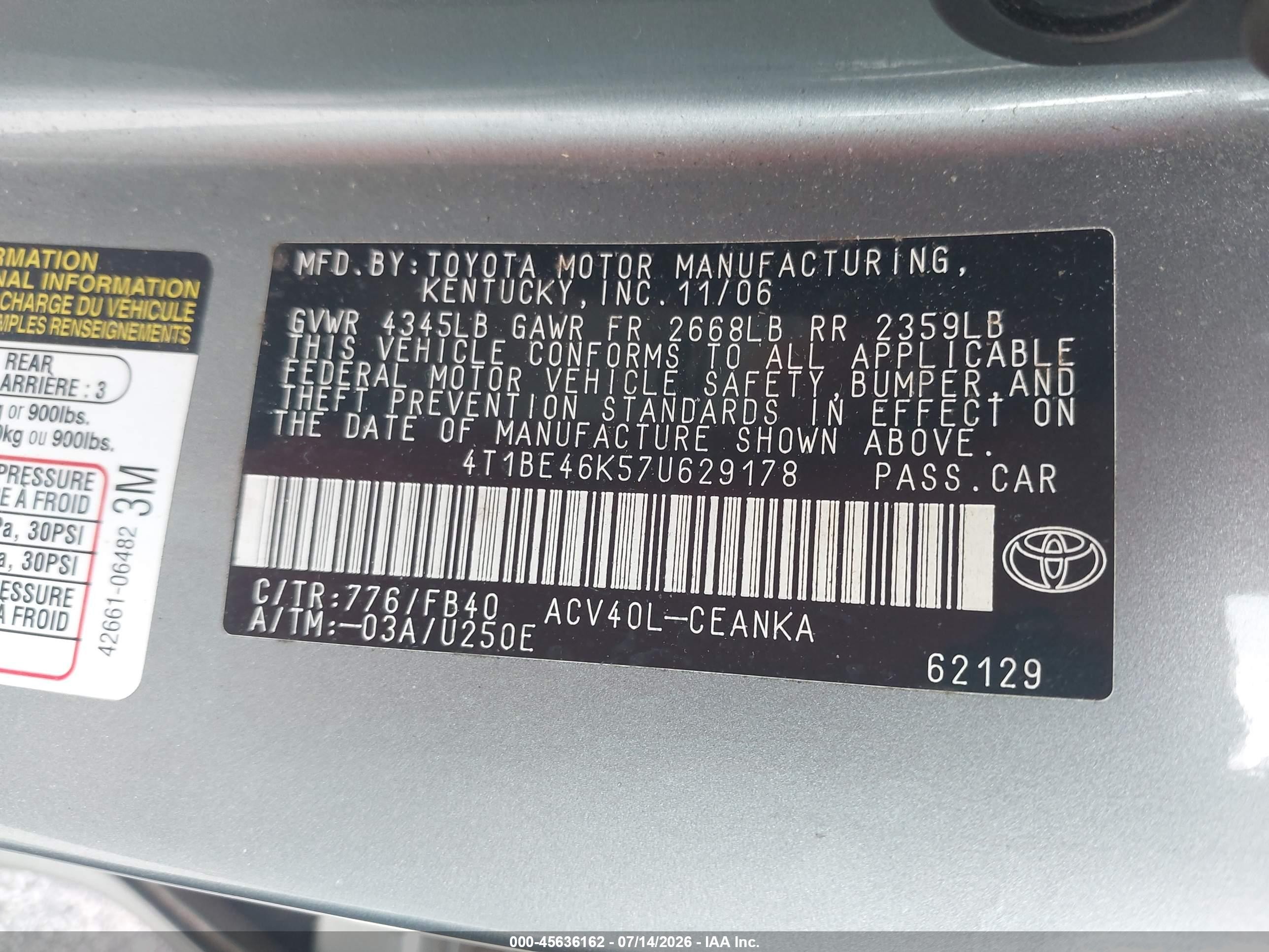 2007 Toyota Camry Le Teal vin: 4T1BE46K57U629178