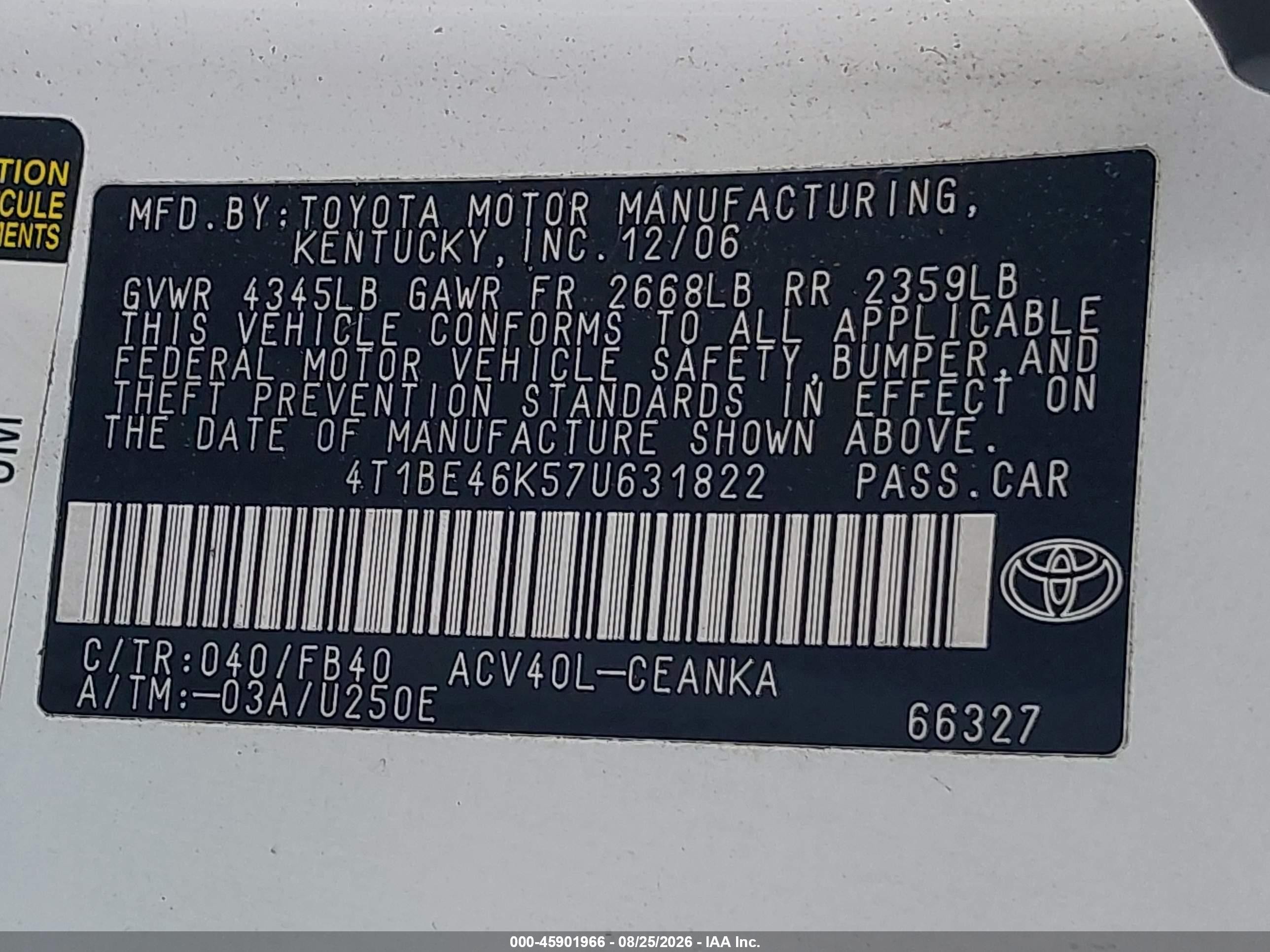 2007 Toyota Camry Le White vin: 4T1BE46K57U631822