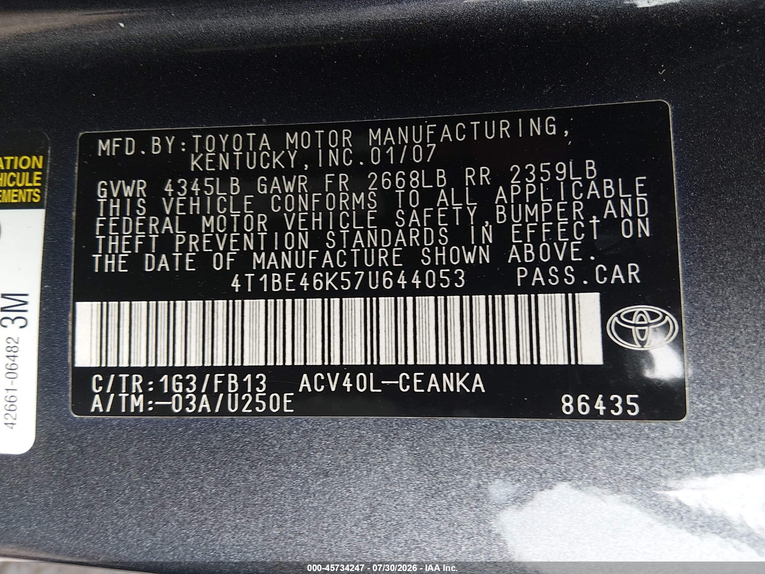 2007 Toyota Camry Le Gray vin: 4T1BE46K57U644053