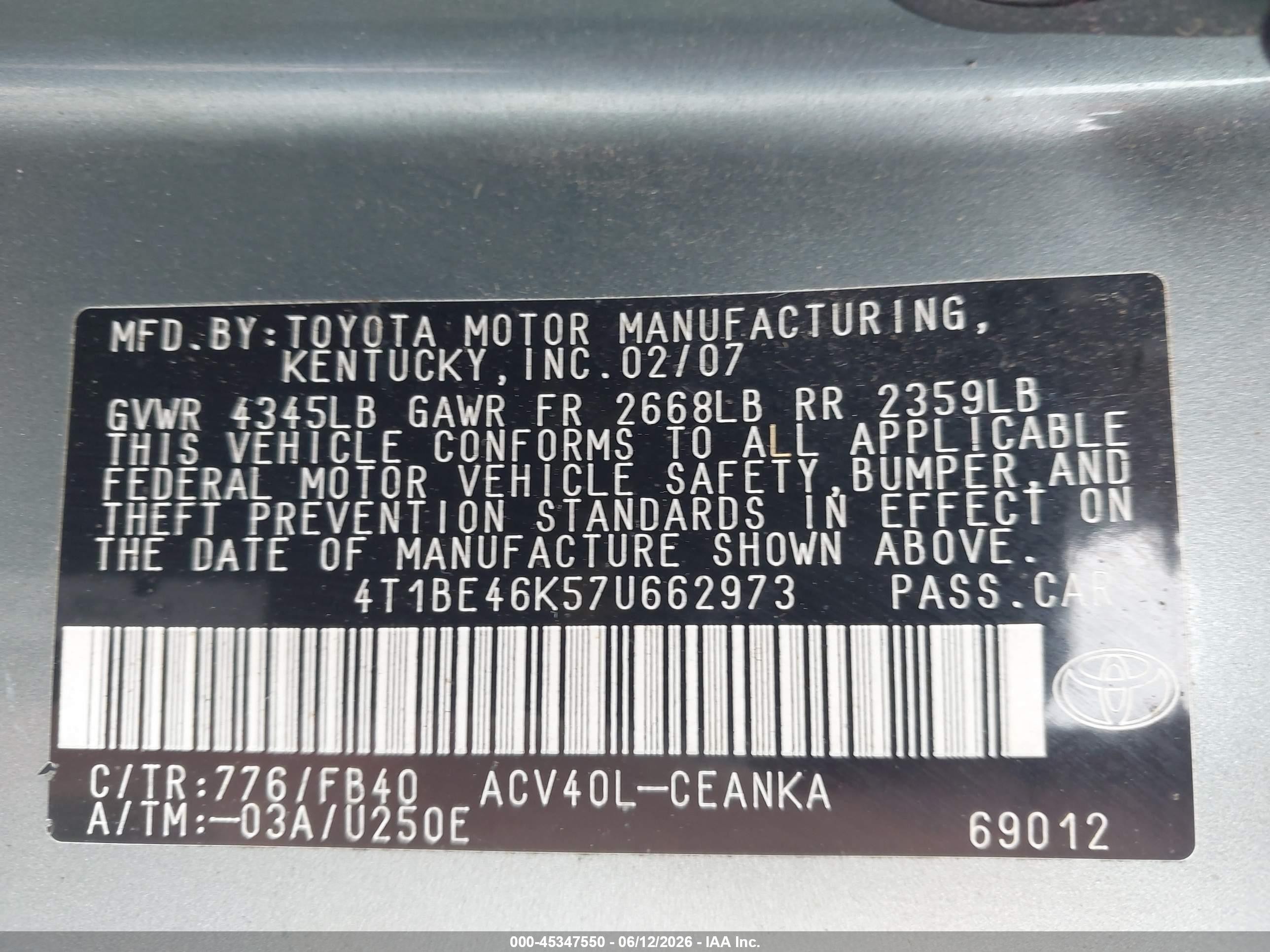 2007 Toyota Camry Le Синий vin: 4T1BE46K57U662973