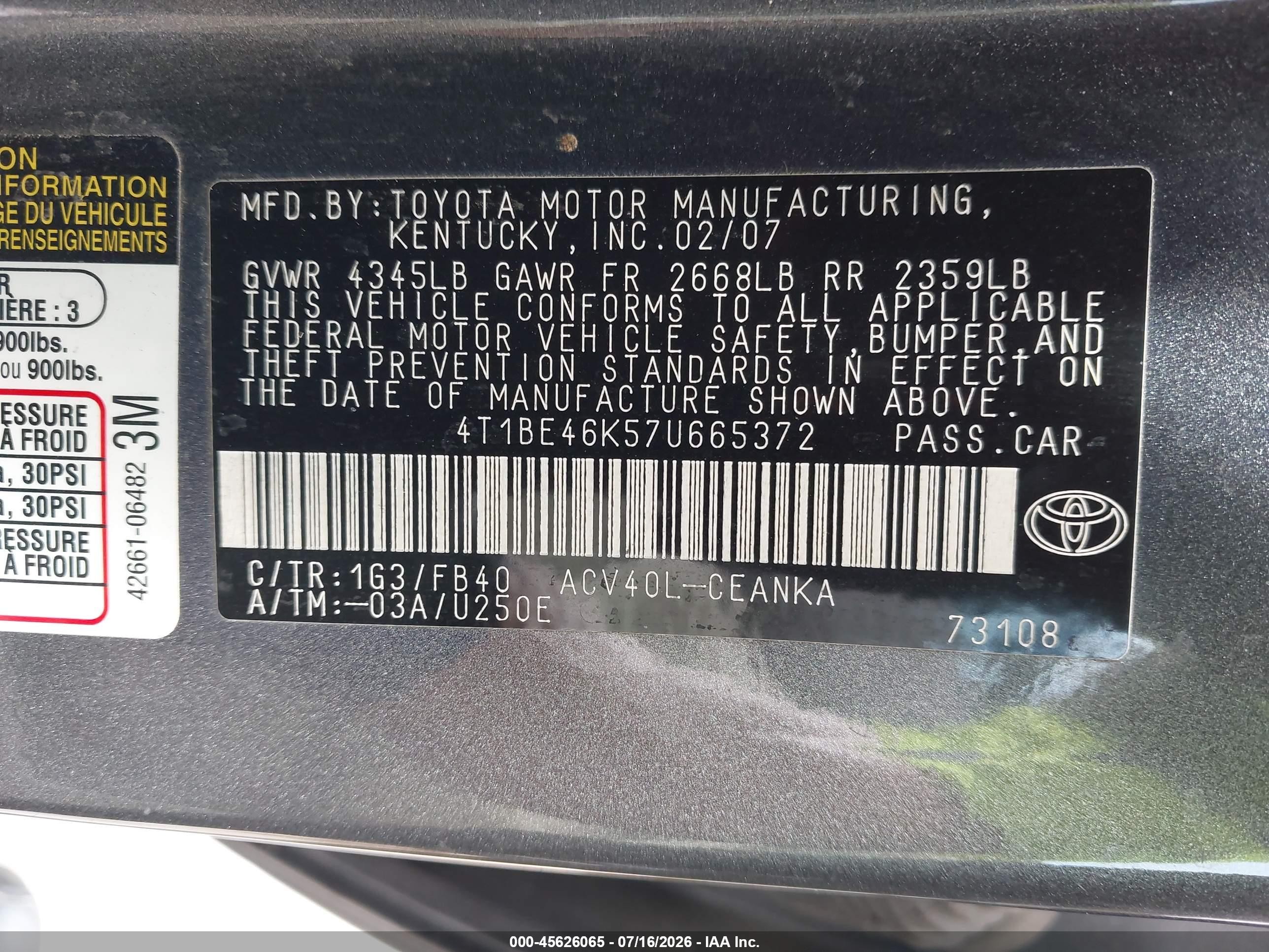 2007 Toyota Camry Le Gray vin: 4T1BE46K57U665372