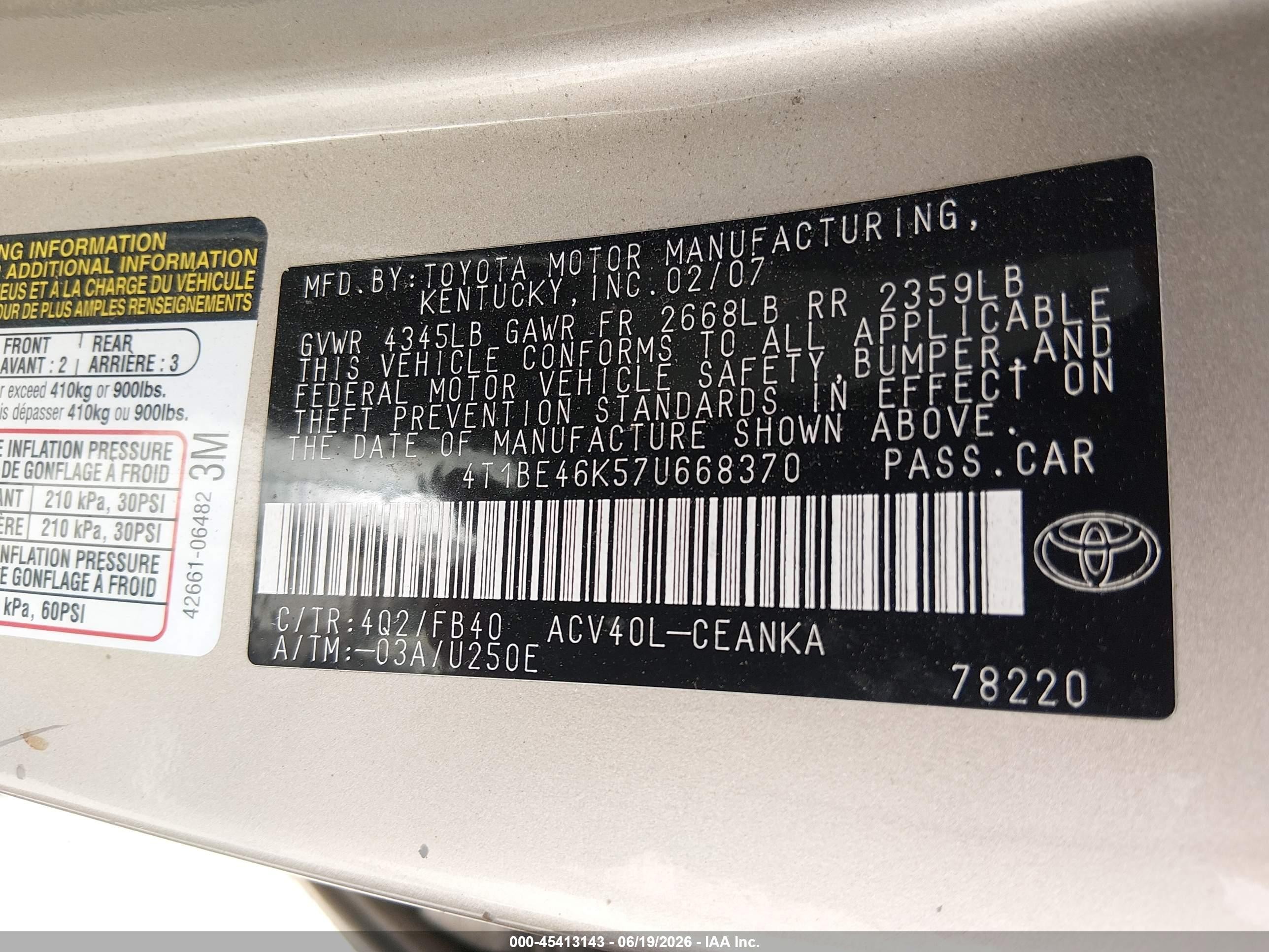 2007 Toyota Camry Le Gold vin: 4T1BE46K57U668370