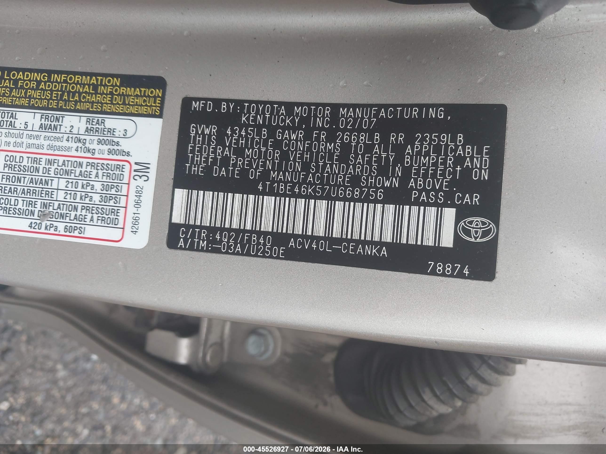 2007 Toyota Camry Le Бежевый vin: 4T1BE46K57U668756