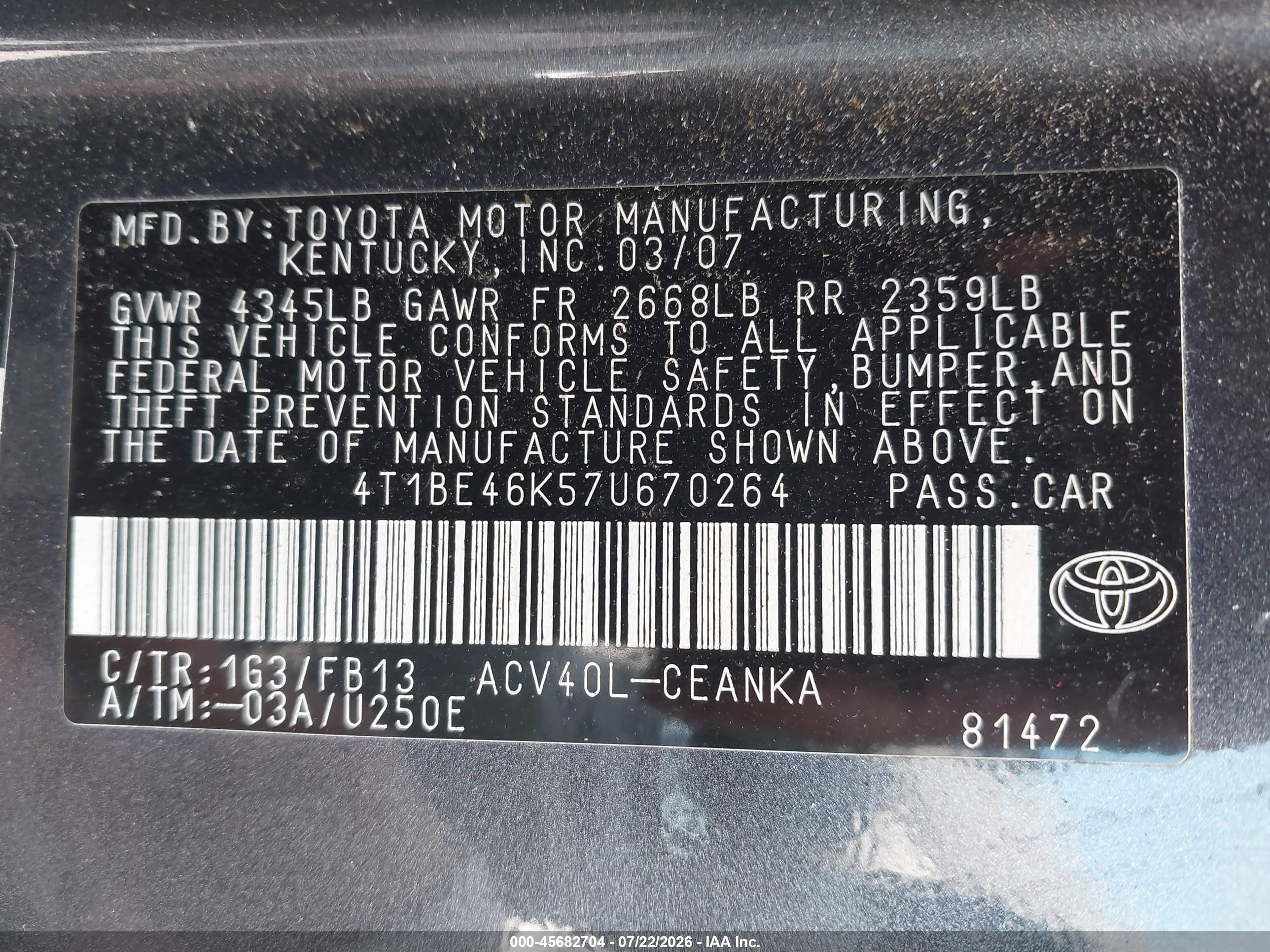 2007 Toyota Camry Le Серый vin: 4T1BE46K57U670264