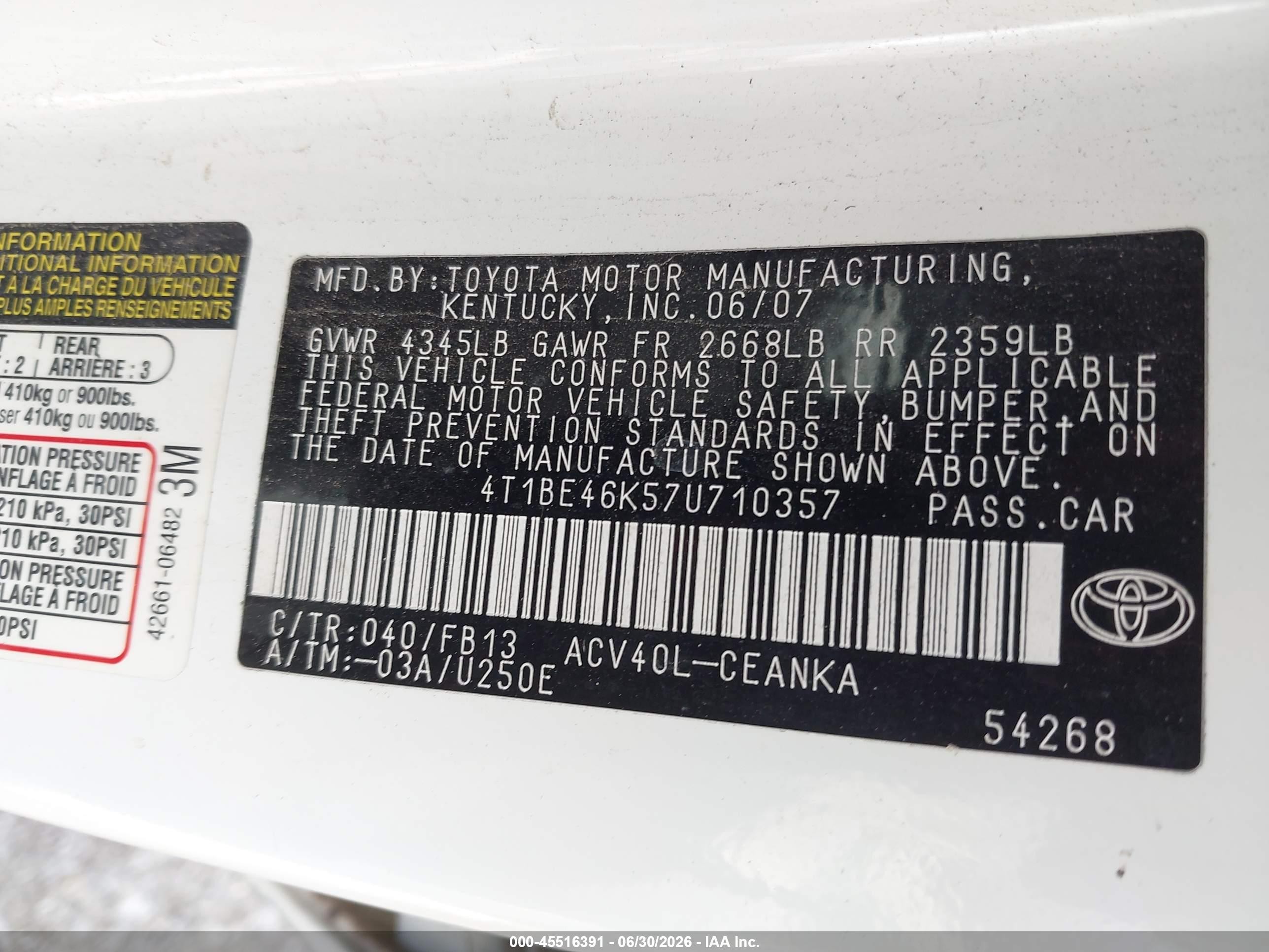 2007 Toyota Camry Ce White vin: 4T1BE46K57U710357