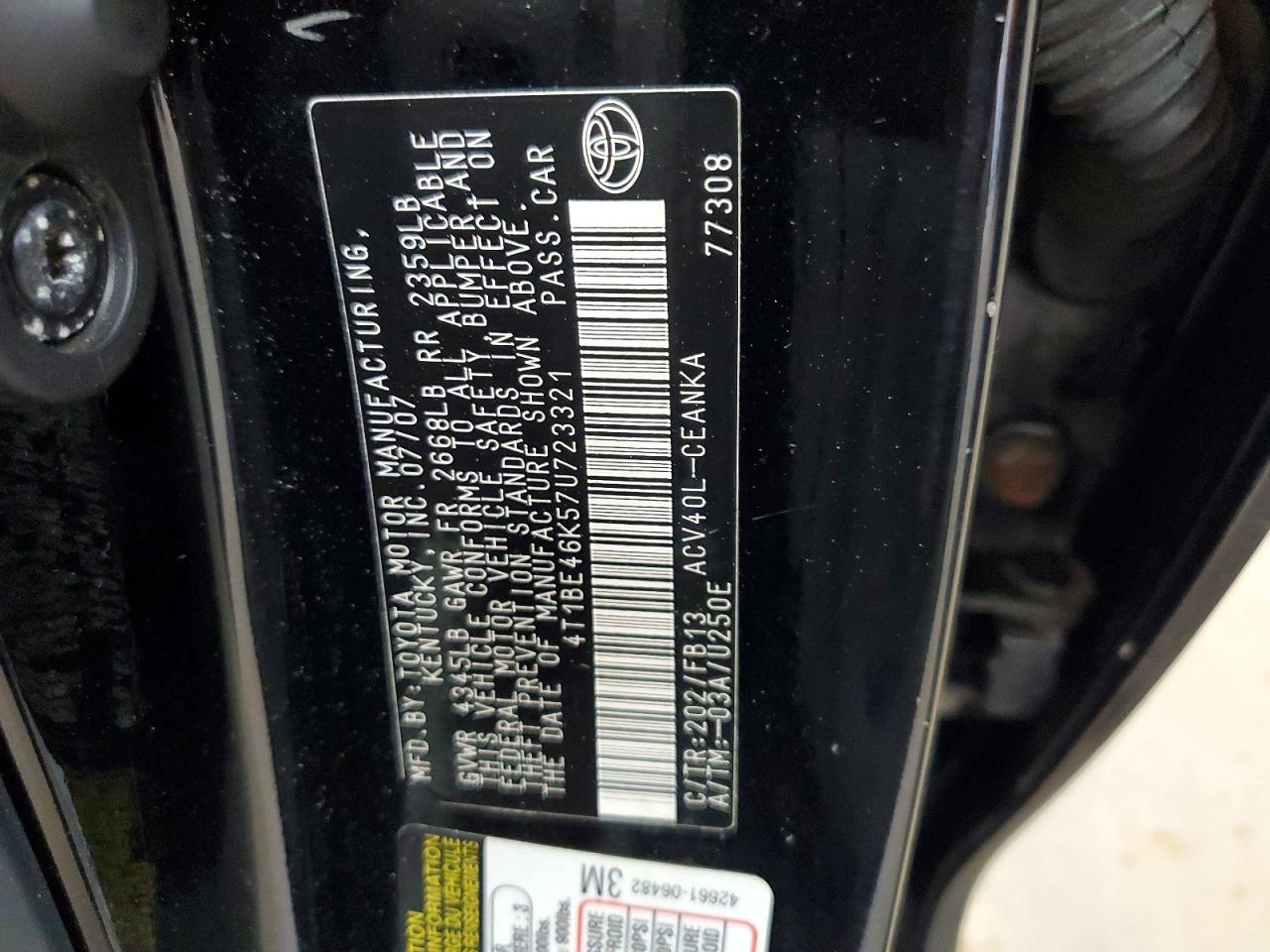 2007 Toyota Camry Le Black vin: 4T1BE46K57U723321