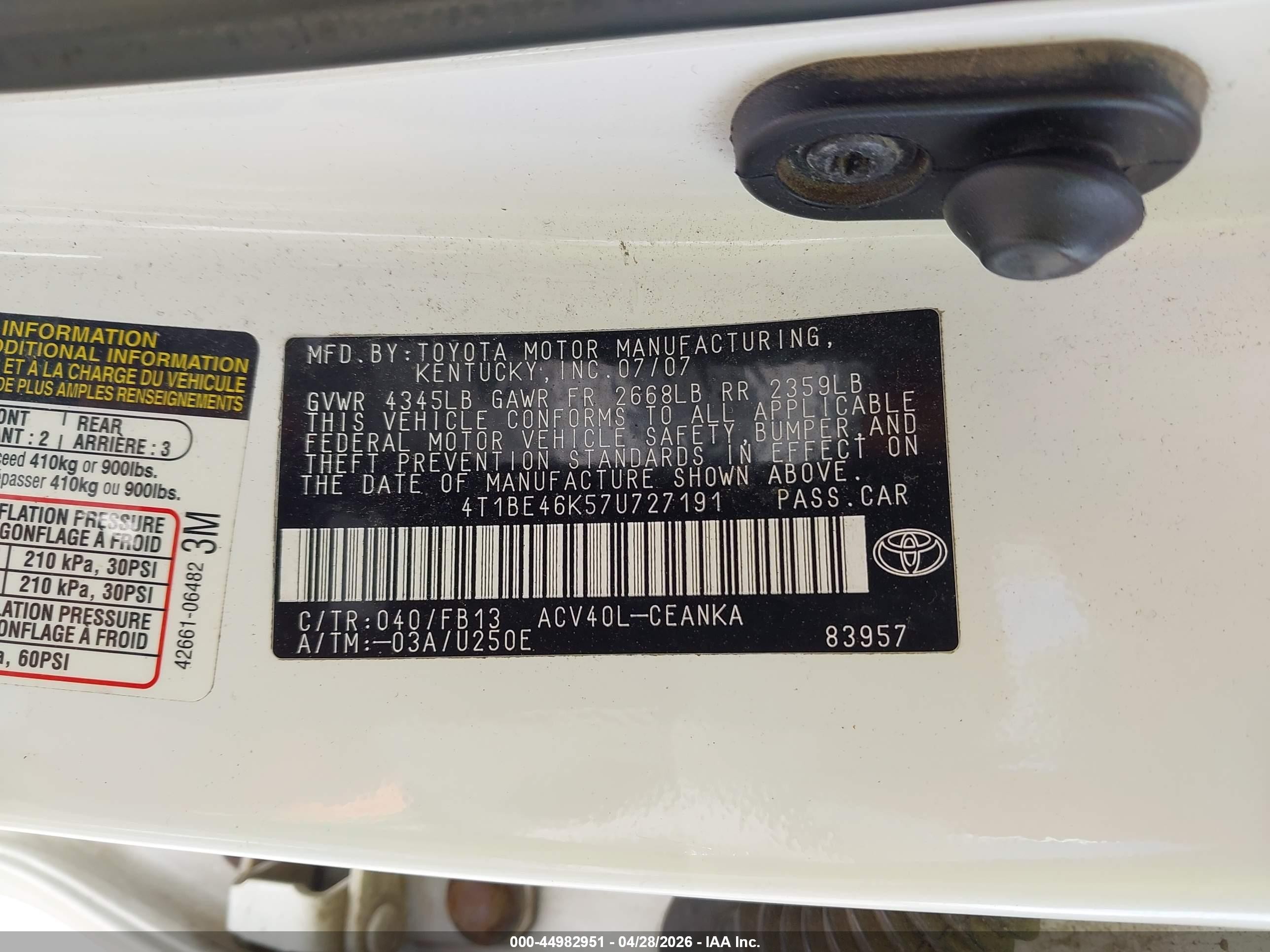 2007 Toyota Camry Le Белый vin: 4T1BE46K57U727191