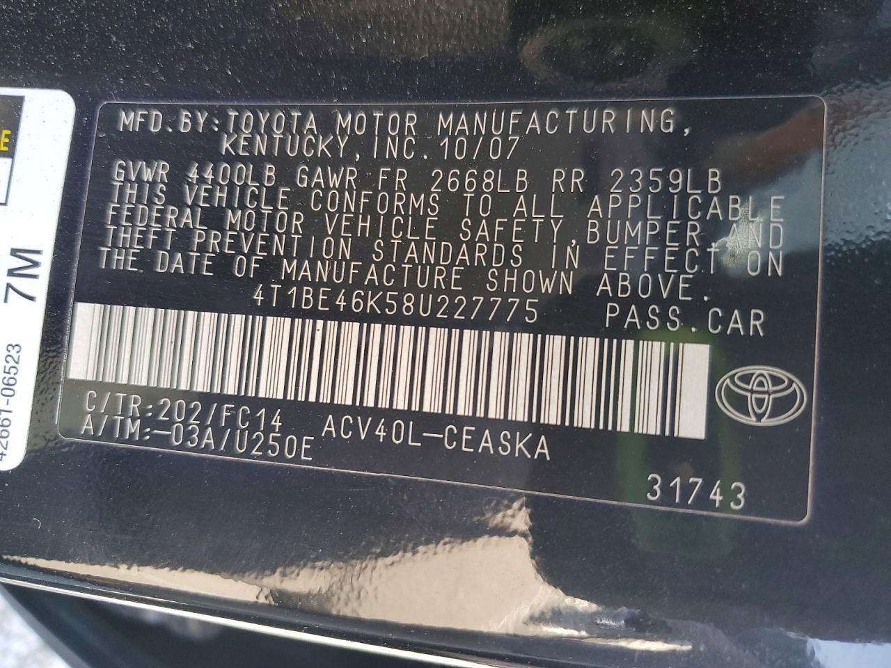 2008 Toyota Camry Se Black vin: 4T1BE46K58U227775