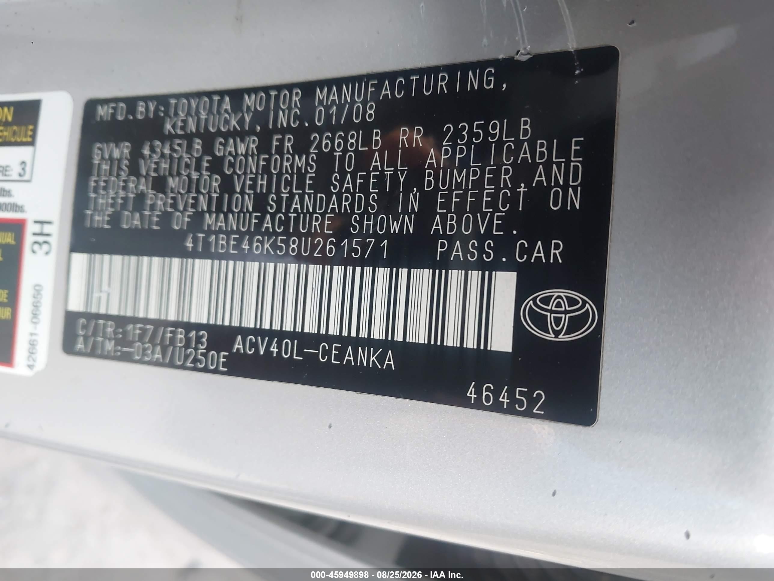 2008 Toyota Camry Le Silver vin: 4T1BE46K58U261571