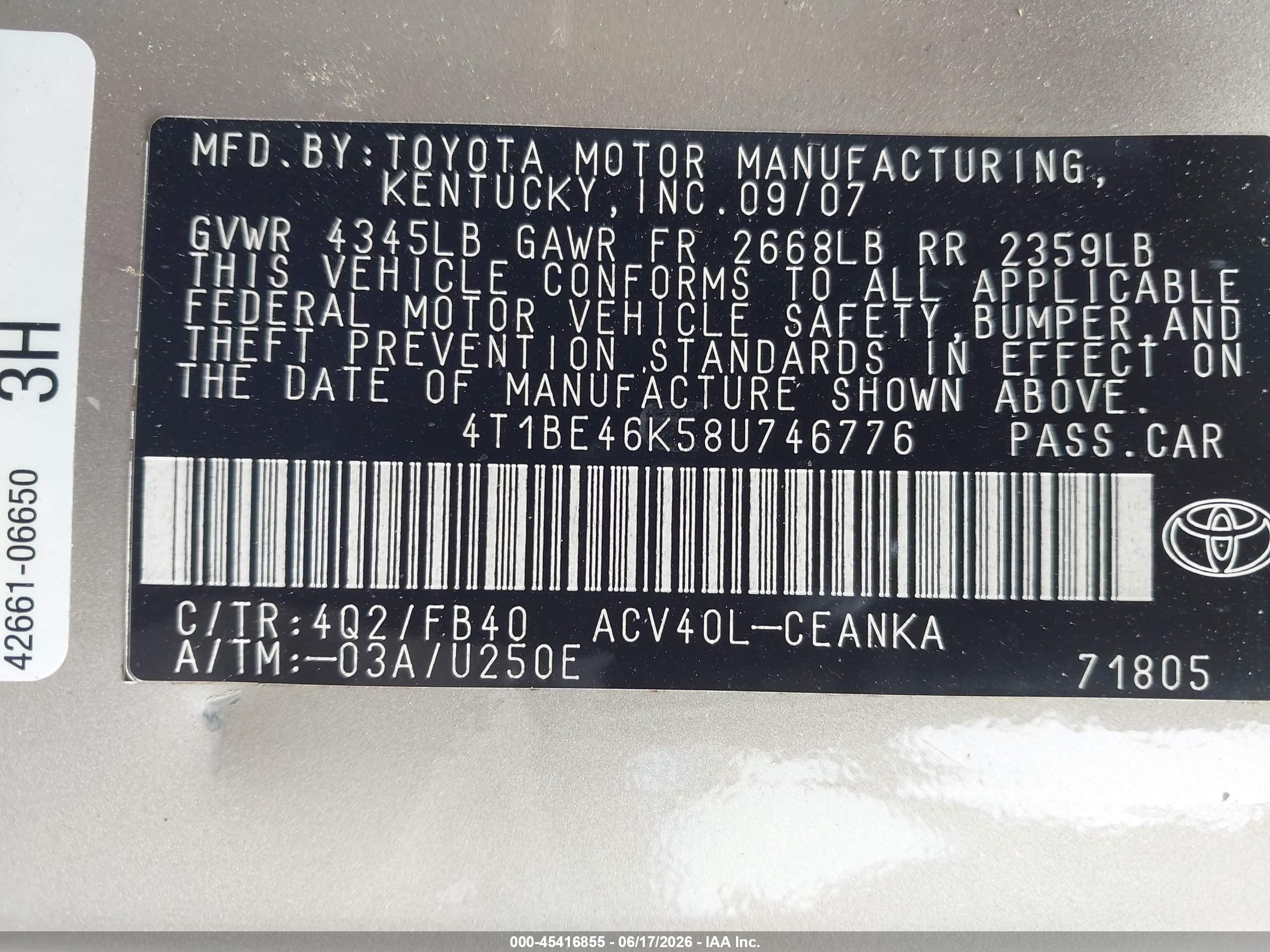 2008 Toyota Camry   Золотой vin: 4T1BE46K58U746776