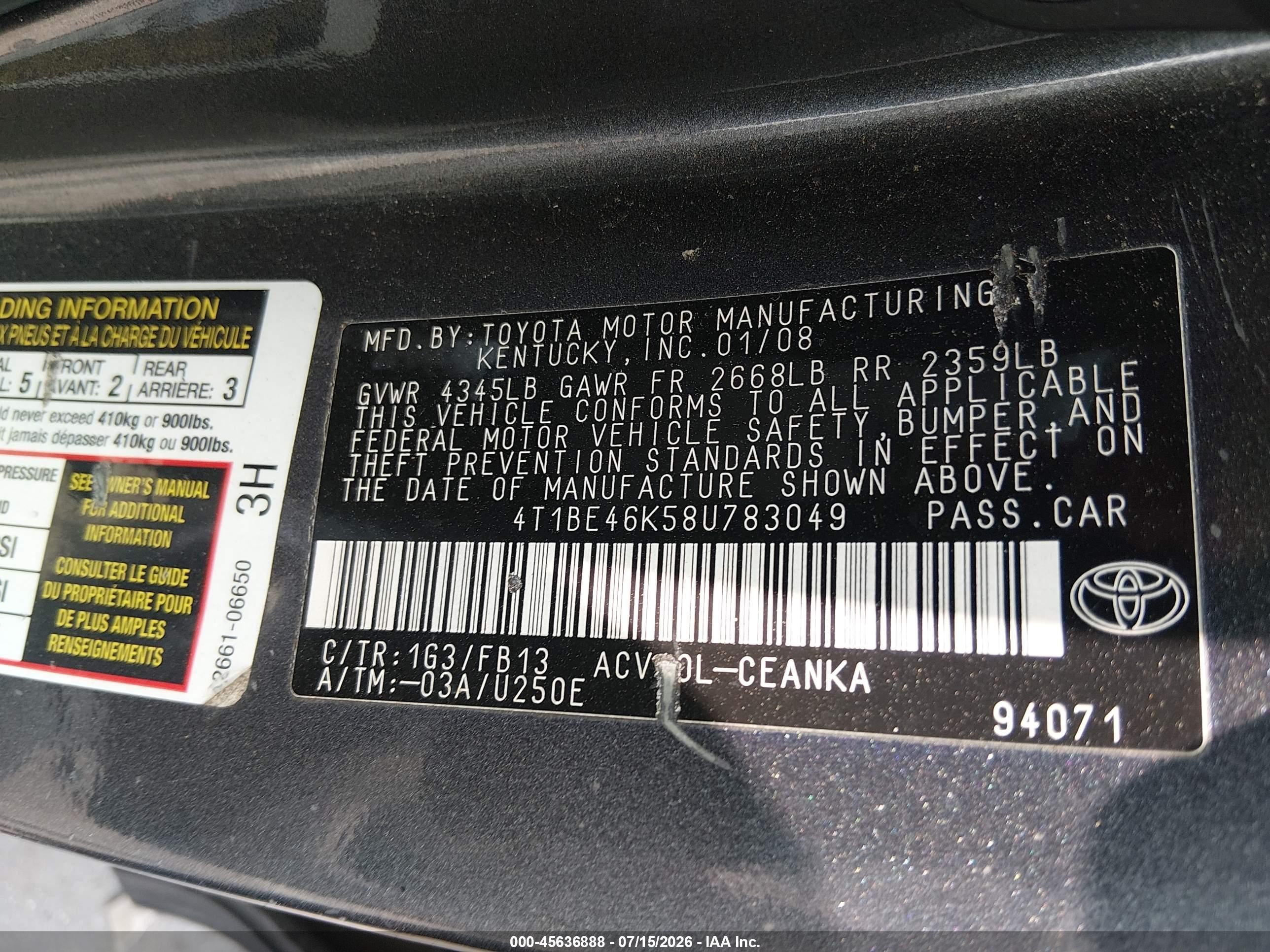 2008 Toyota Camry Le Gray vin: 4T1BE46K58U783049