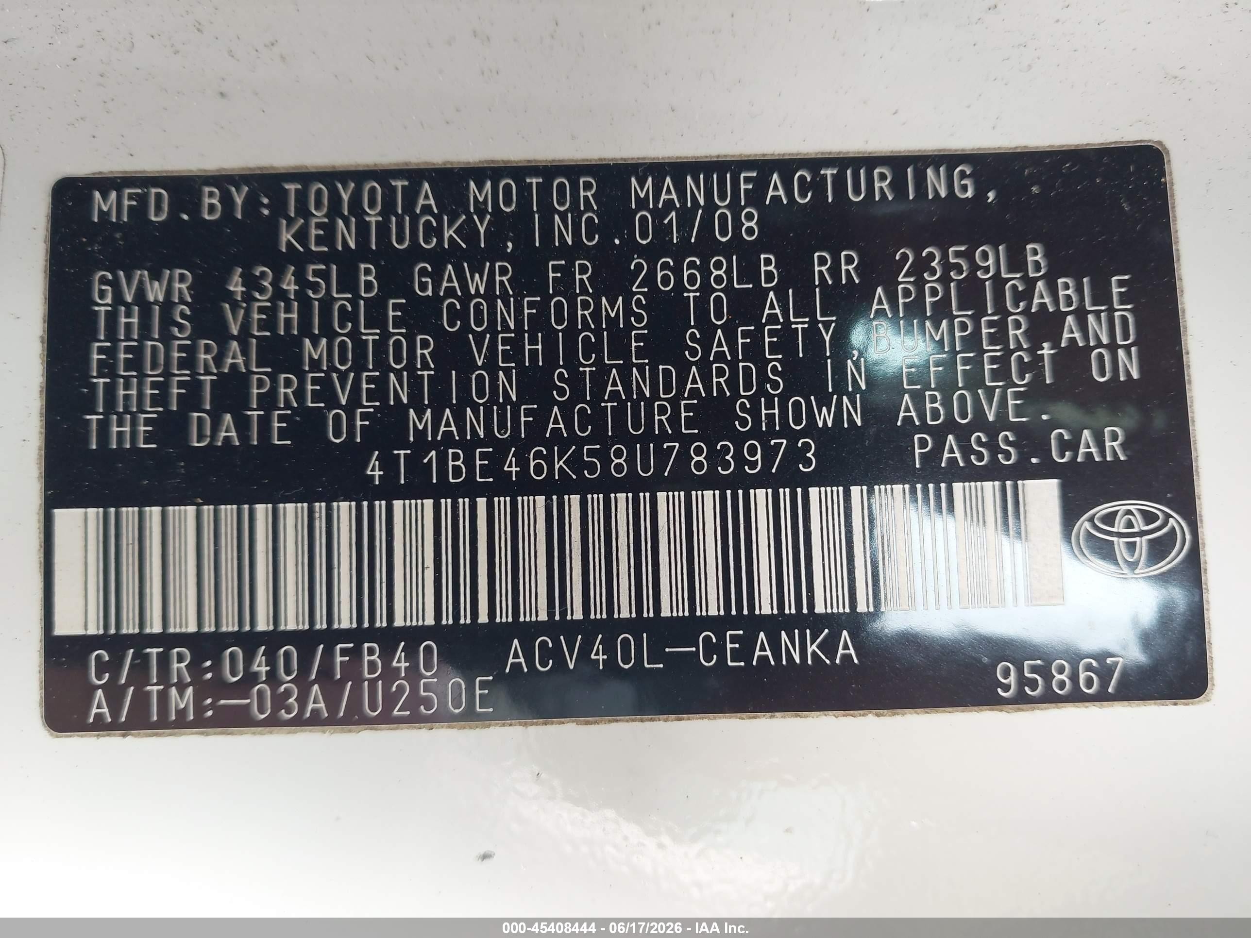 2008 Toyota Camry Le Белый vin: 4T1BE46K58U783973