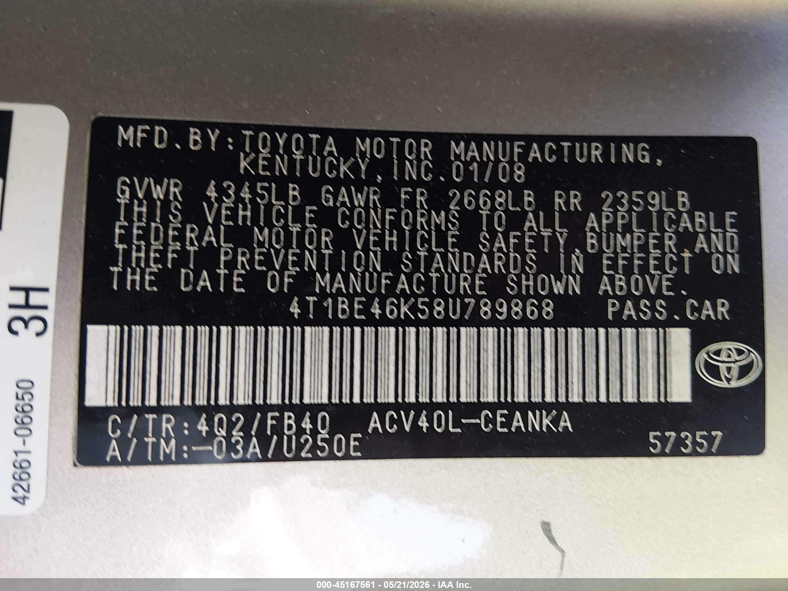 2008 Toyota Camry Le Gold vin: 4T1BE46K58U789868