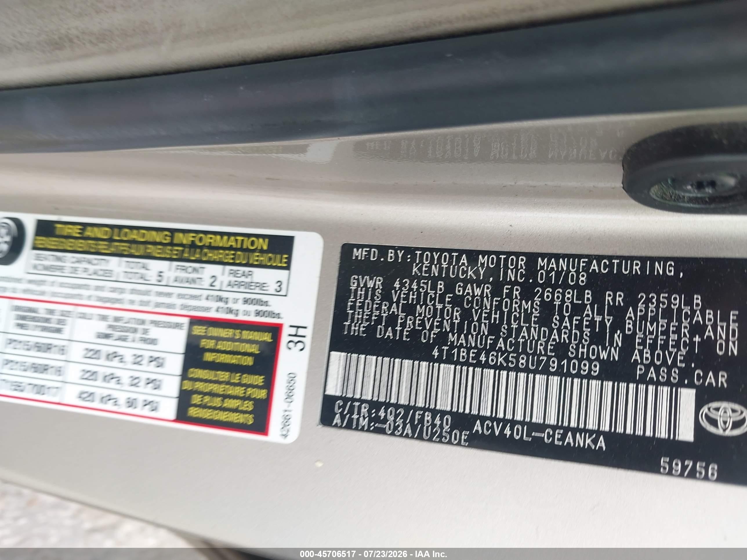 2008 Toyota Camry Le Beige vin: 4T1BE46K58U791099