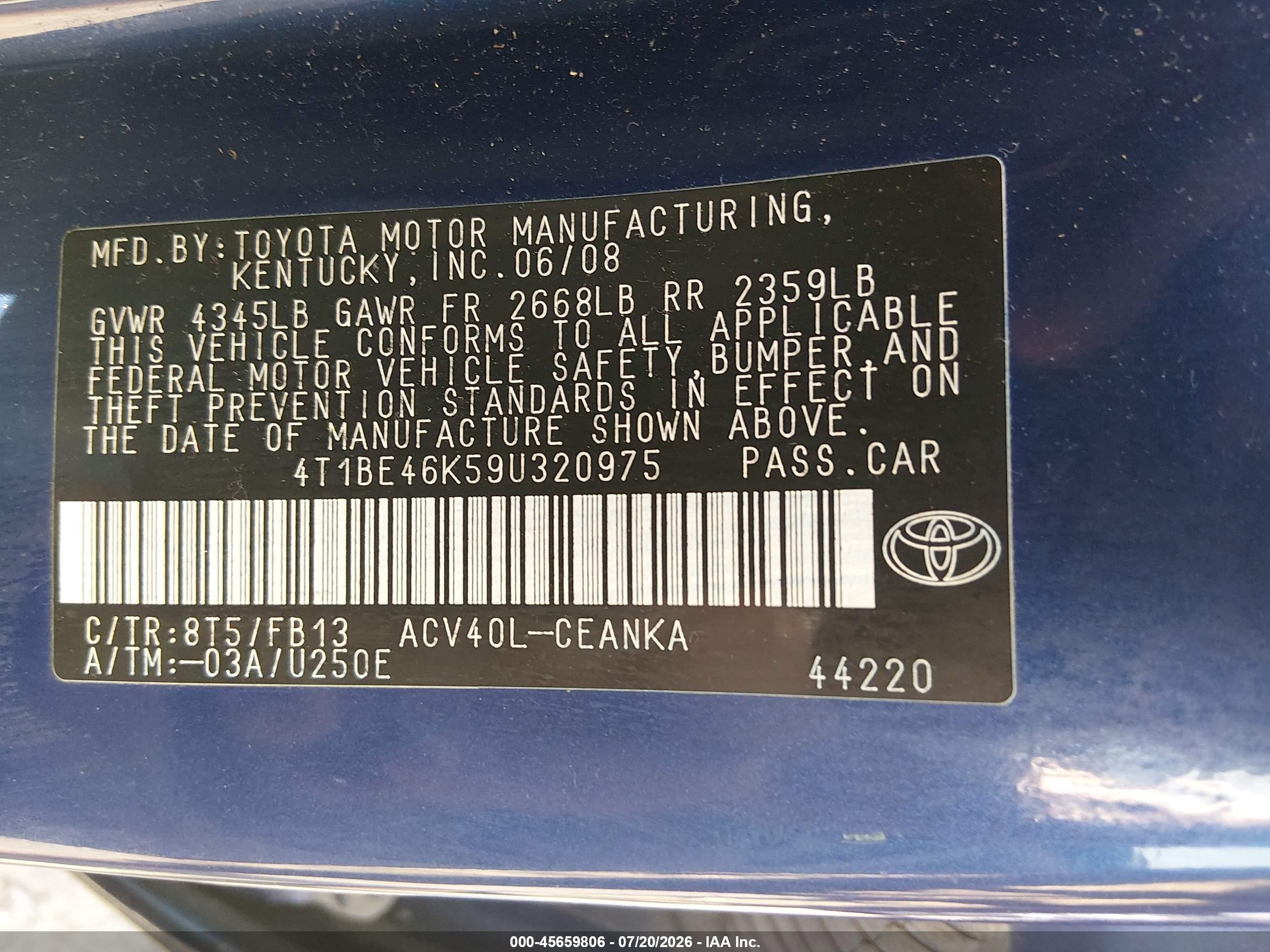 2009 Toyota Camry Le Blue vin: 4T1BE46K59U320975