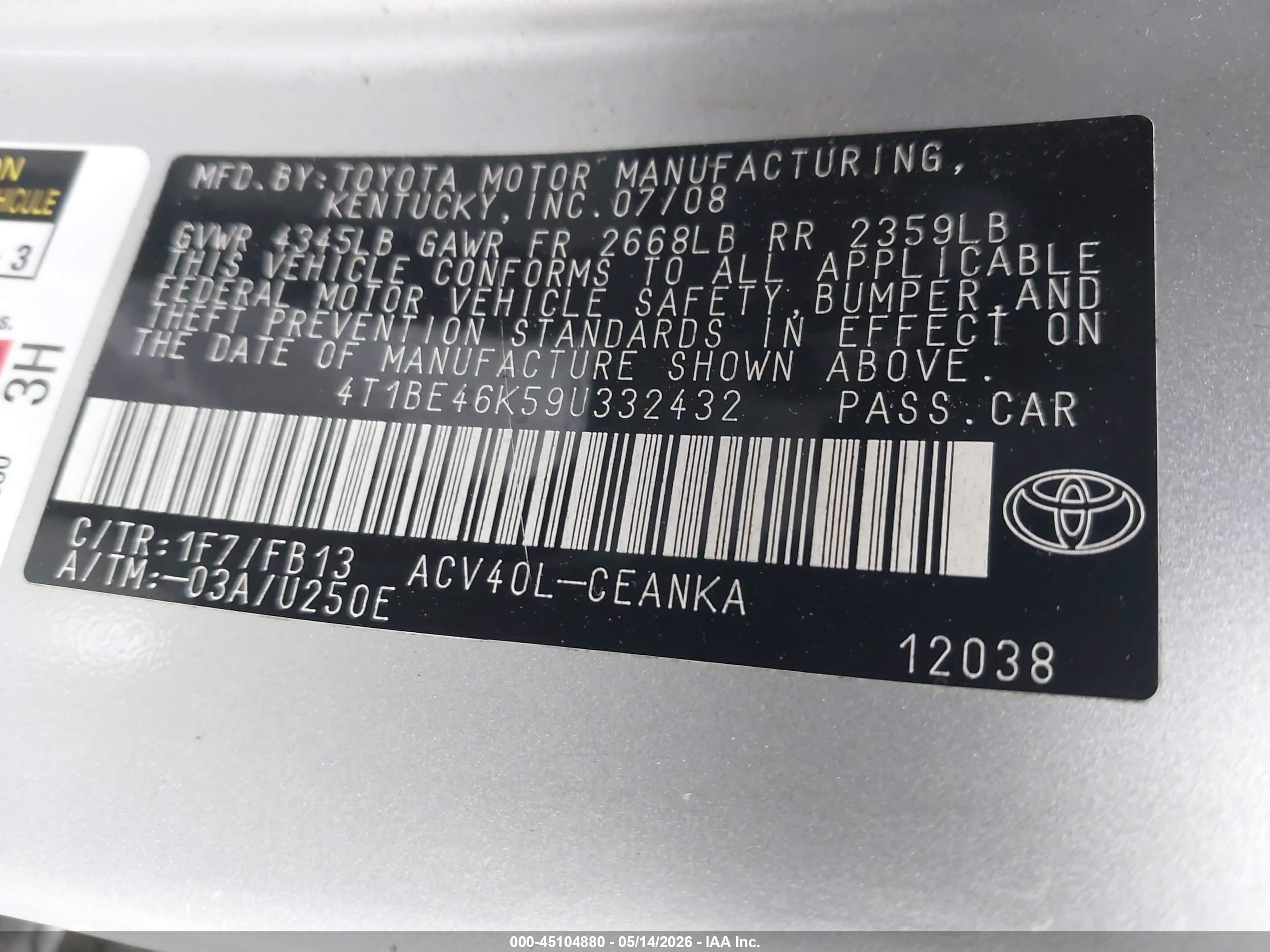 2009 Toyota Camry Le Gray vin: 4T1BE46K59U332432