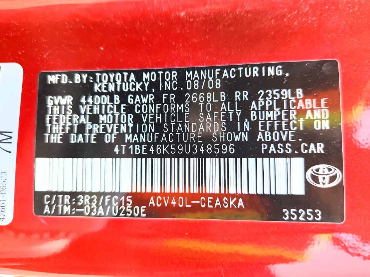 2009 Toyota Camry Se Red vin: 4T1BE46K59U348596