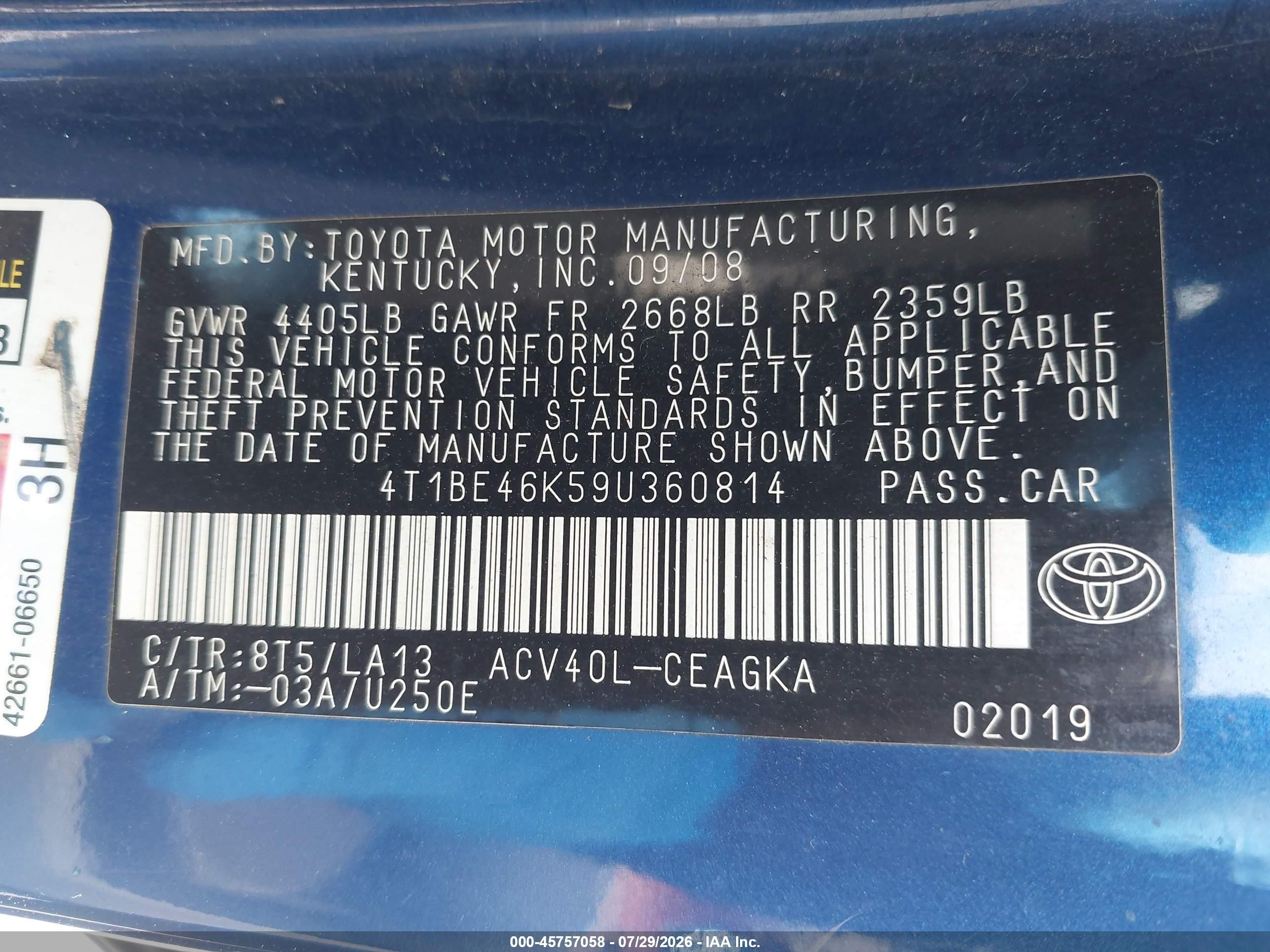 2009 Toyota Camry Xle Blue vin: 4T1BE46K59U360814