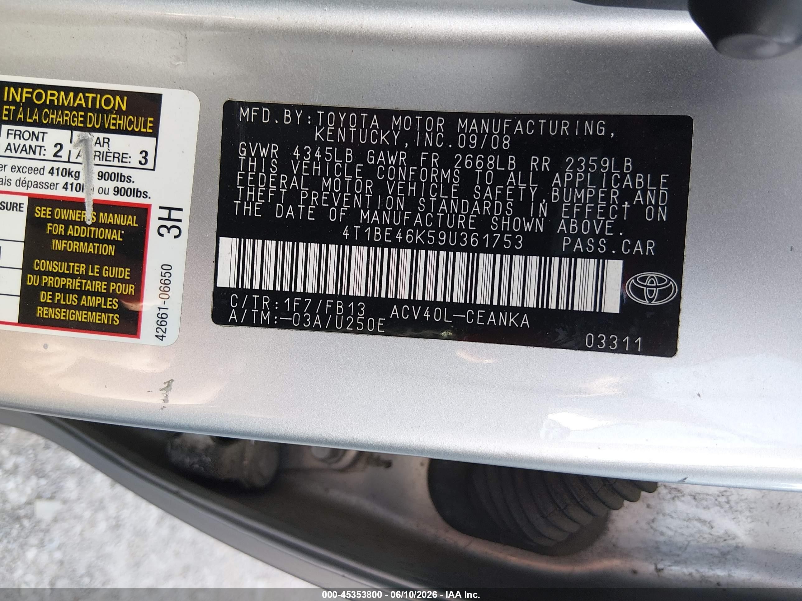 2009 Toyota Camry Le Серебряный vin: 4T1BE46K59U361753