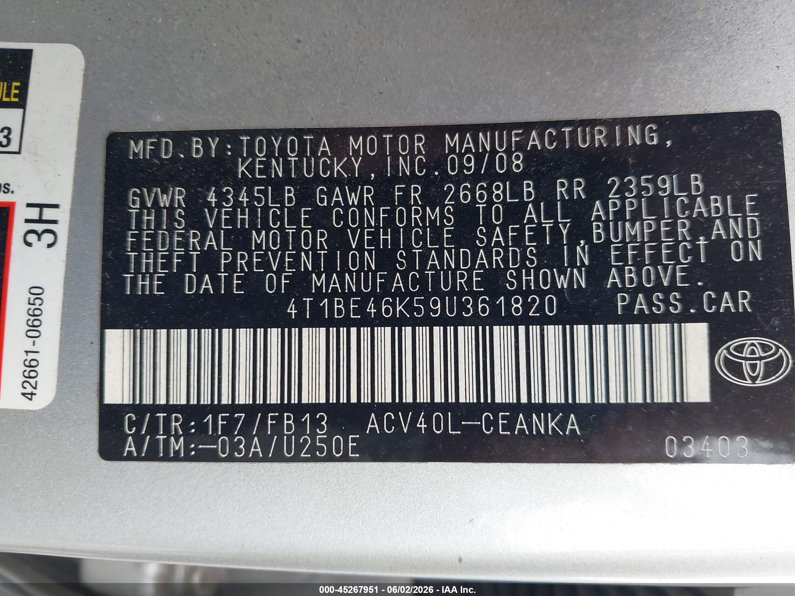 2009 Toyota Camry Le Silver vin: 4T1BE46K59U361820