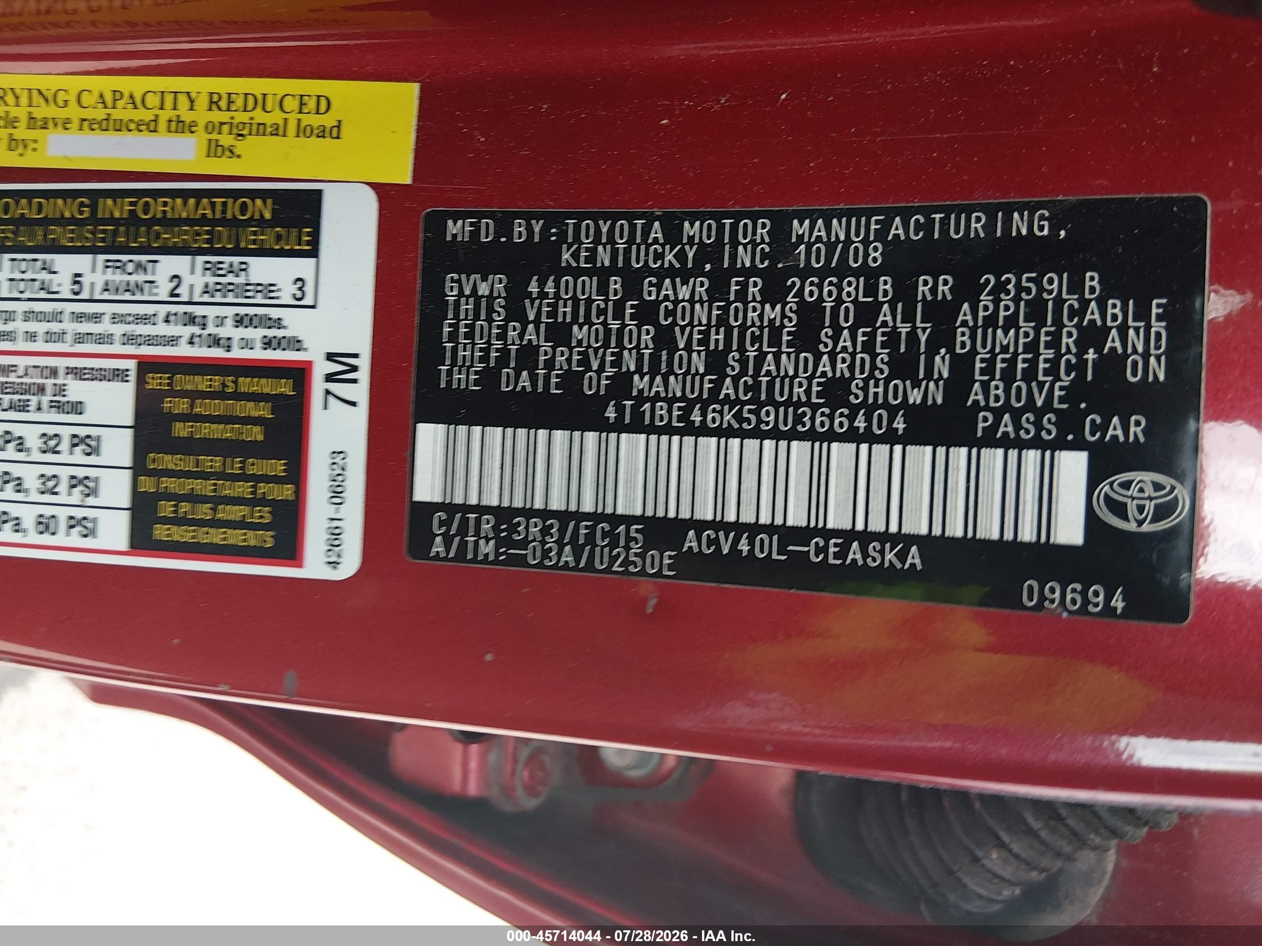 2009 Toyota Camry Se Красный vin: 4T1BE46K59U366404