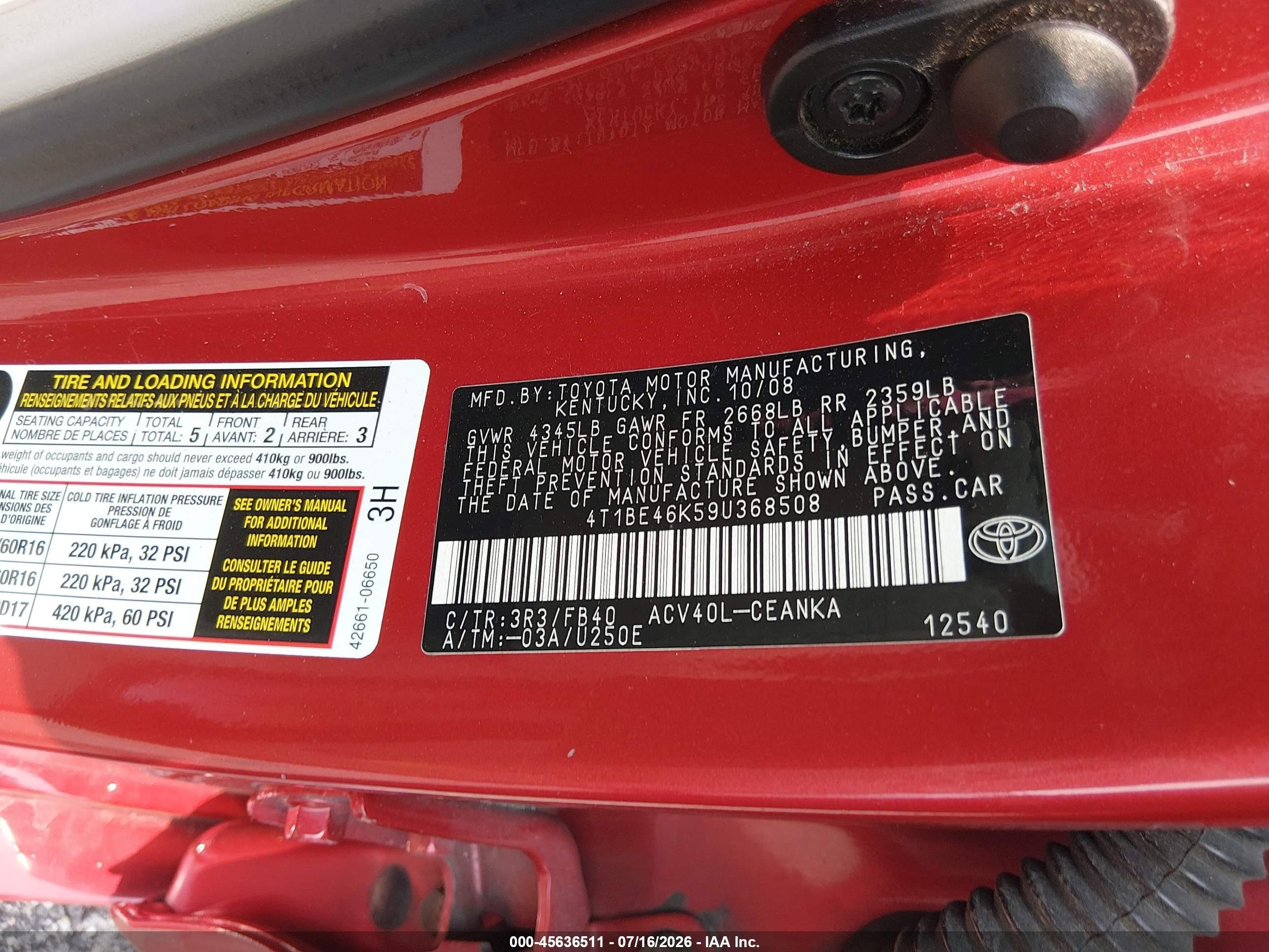 2009 Toyota Camry Le Red vin: 4T1BE46K59U368508