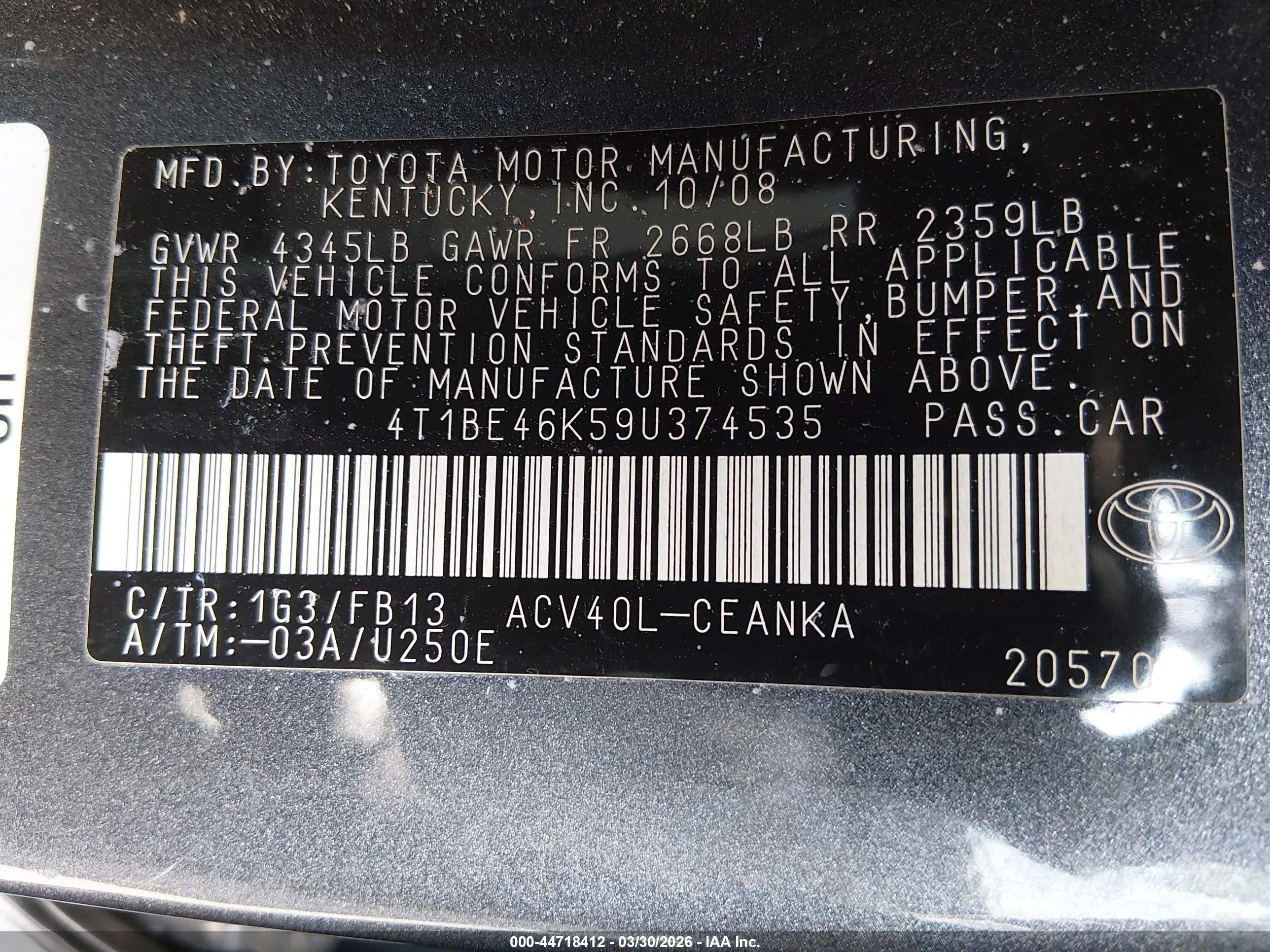2009 Toyota Camry Le Black vin: 4T1BE46K59U374535